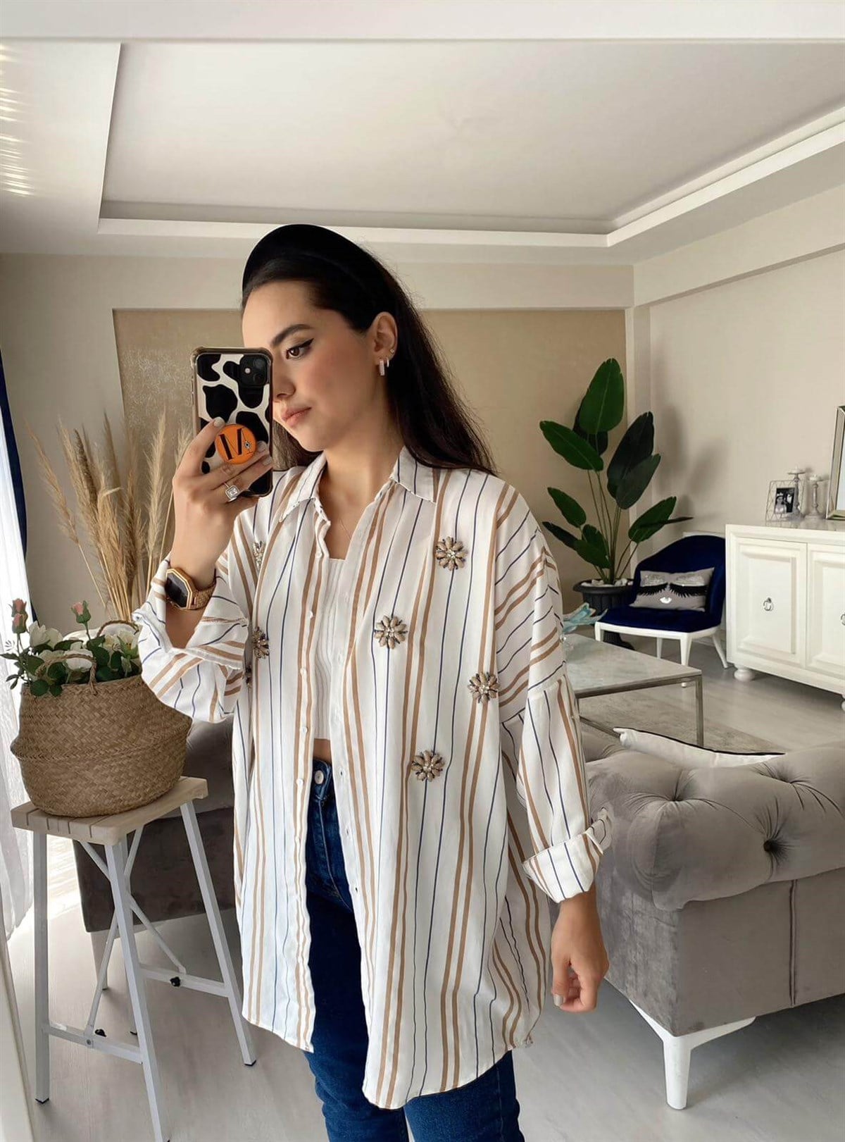 TAŞ İŞLEMELİ CİZGİLİ GÖMLEK