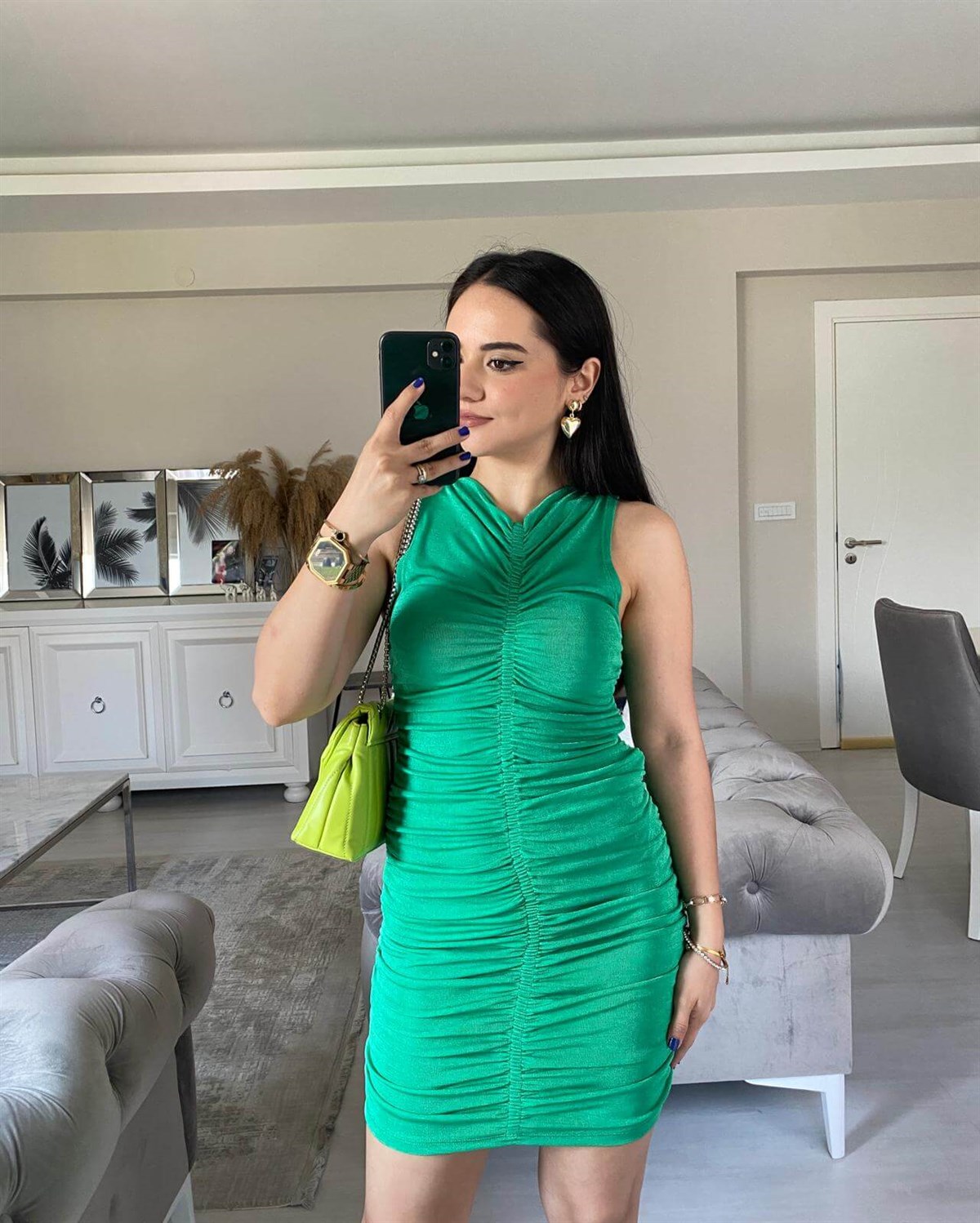 YEŞİL DRAPELİ ELBİSE