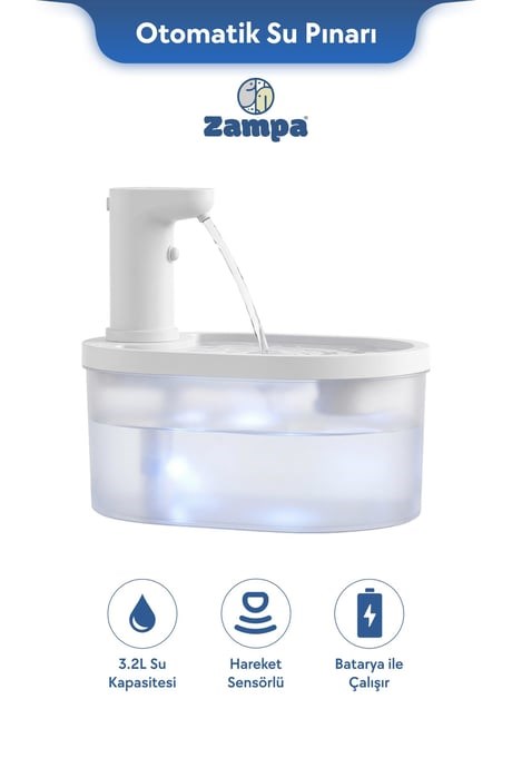 Zampa Oval Pet Otomatik Su Pınarı(Bataryalı) - Beyaz