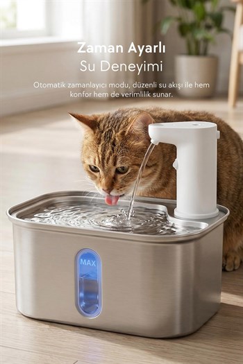Zampa Kare Paslanmaz Çelik Pet Otomatik Su Pınarı (Bataryalı)