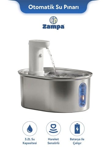 Zampa Oval Paslanmaz Çelik Pet Otomatik Su Pınarı (Bataryalı)