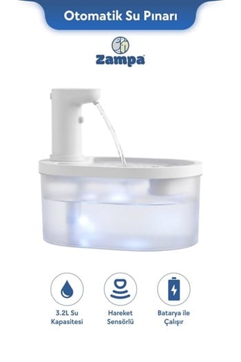 Zampa Oval Pet Otomatik Su Pınarı(Bataryalı) - Beyaz
