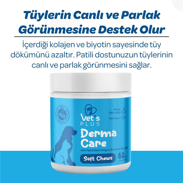  Vet's Plus Derma Care Kedi ve Köpekler İçin Deri ve Tüy Yapısı Destekleyici Çiğnenebilir Tablet (60'lı) - Kedi Vitaminleri