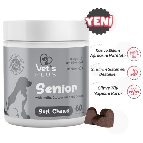  Vet's Plus Senior Yaşlı Kedi ve Köpekler İçin İnülin ve Glukozaminli Çiğnenebilir Tablet (60'lı) - Kedi Vitaminleri