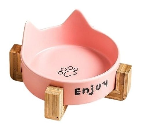 Aquax Tekli Kulaklı Bambu  Seramik Mama ve Su Kabı Pembe - Kedi Mama ve Su Kapları