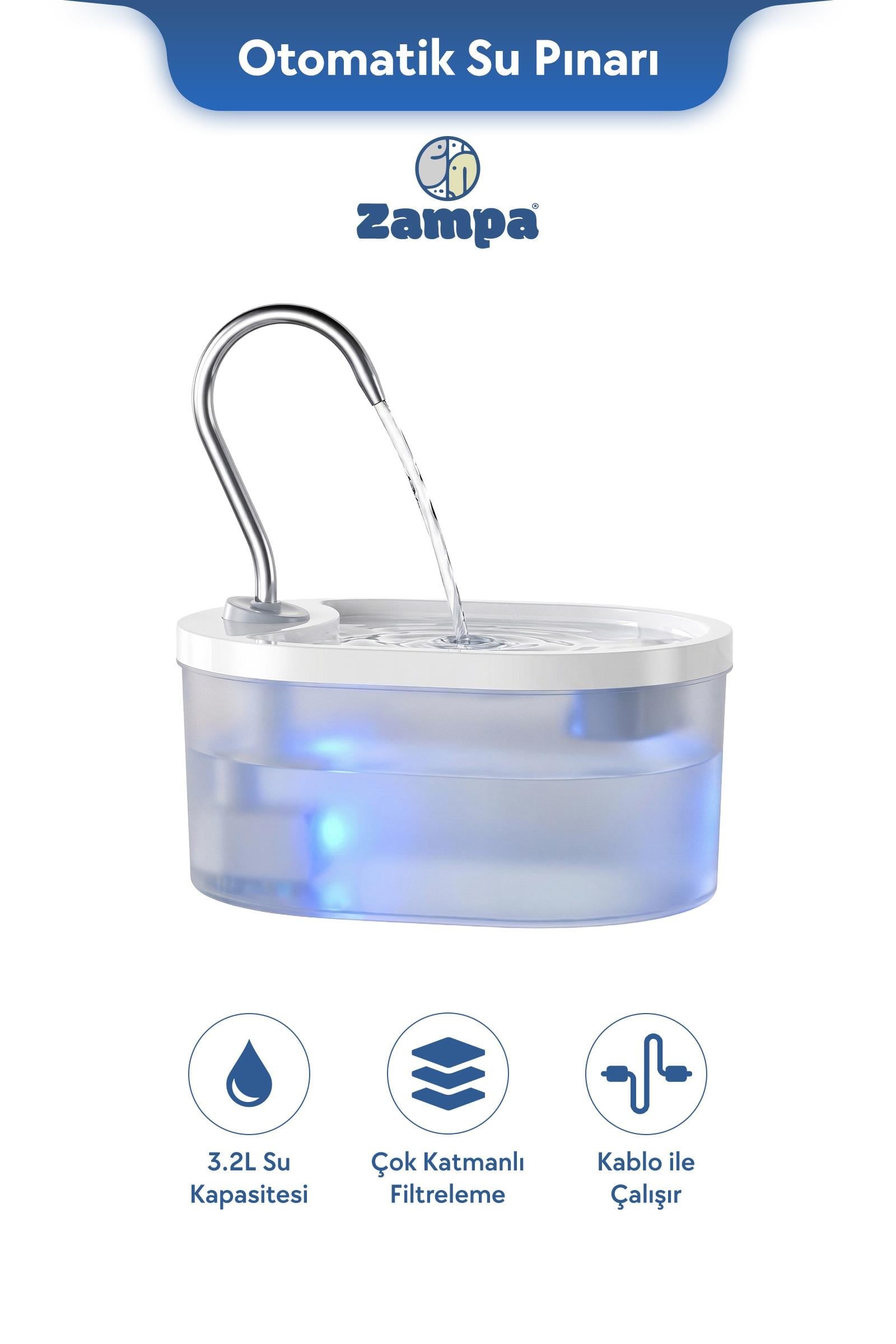 Zampa Oval Otomatik Su Pınarı - Kedi Mama ve Su Kapları