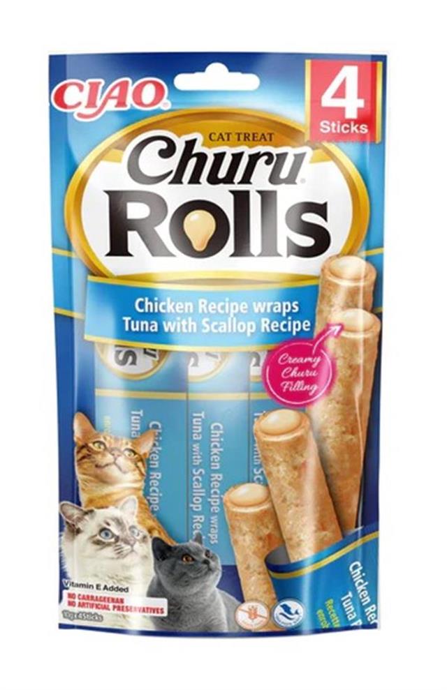 Ciao Churu Rolls Sticks Deniz Taraklı, Tavuk Sargılı ve Ton Balıklı Kedi Ödül Maması 4 x 10 Gr