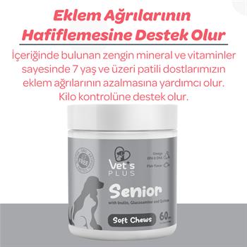  Vet's Plus Senior Yaşlı Kedi ve Köpekler İçin İnülin ve Glukozaminli Çiğnenebilir Tablet (60'lı) - Kedi Vitaminleri