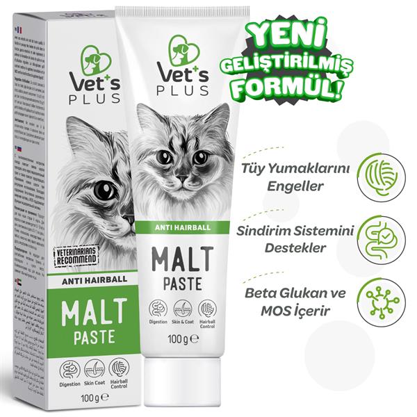 Vet's Plus Anti-Hairball Tüy Yumağı Önleyici Malt Kedi Macunu 100gr - Kedi Macunları