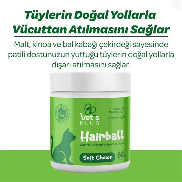 Vet's Plus Hairball Kediler İçin Malt ve Kinoalı Tüy Yumağı Önleyici Çiğnenebilir Tablet (60'lı) - Kedi Vitaminleri