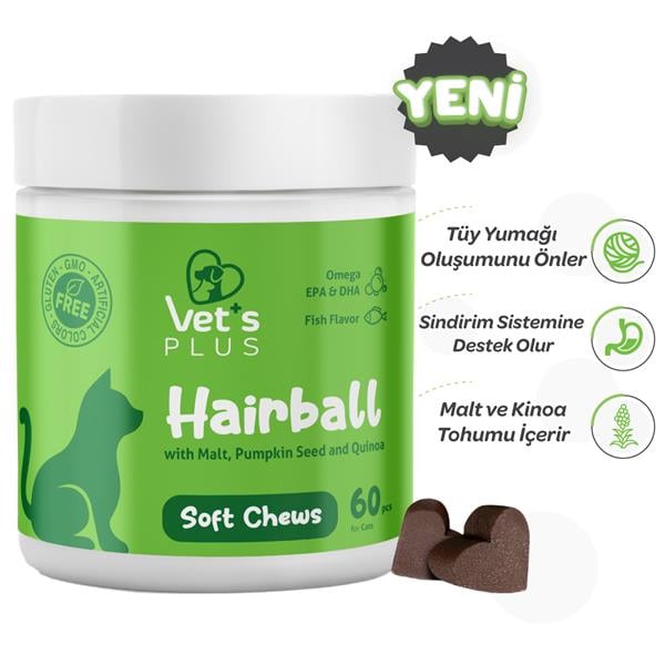 Vet's Plus Hairball Kediler İçin Malt ve Kinoalı Tüy Yumağı Önleyici Çiğnenebilir Tablet (60'lı) - Kedi Vitaminleri