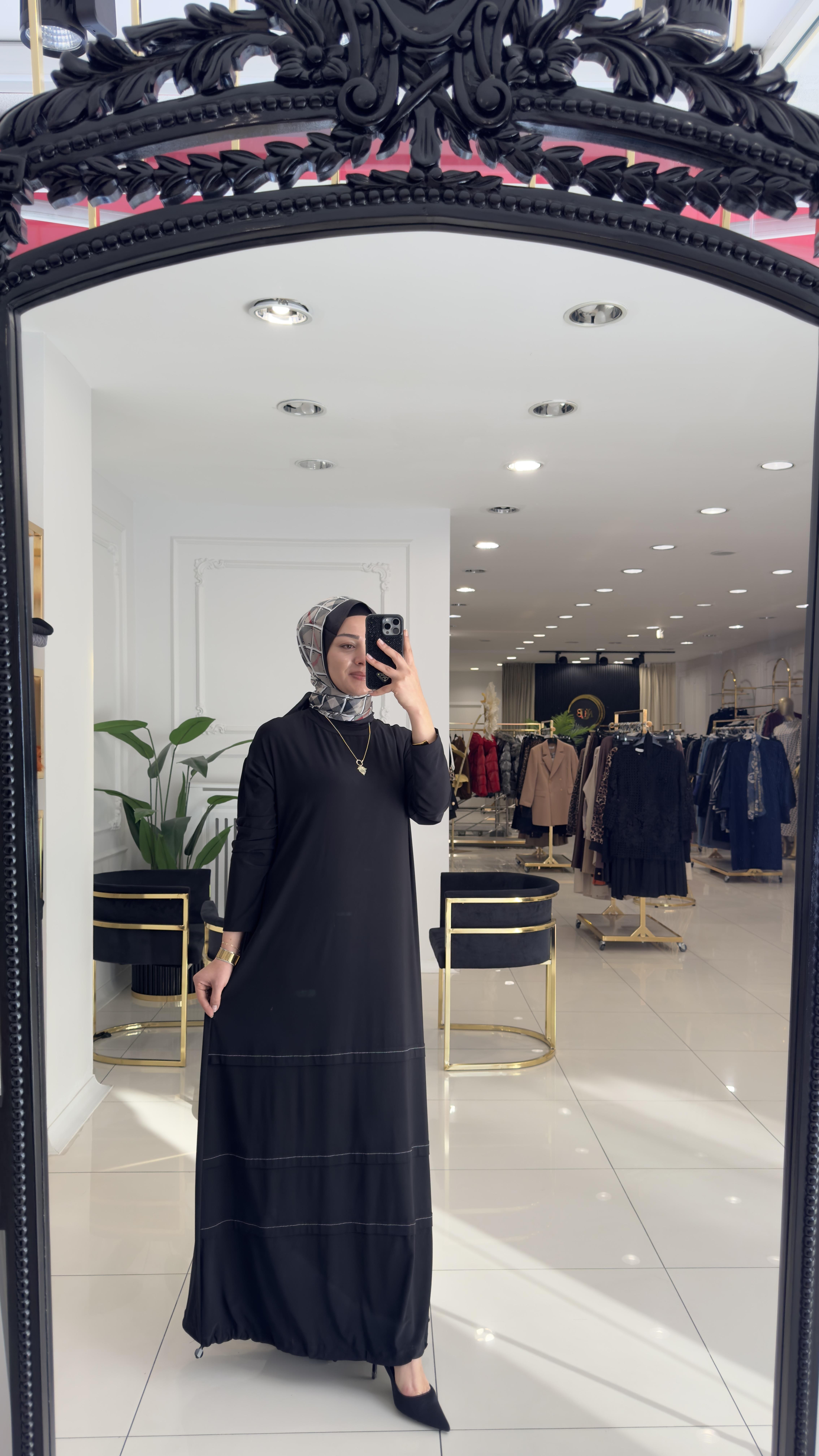 02-1011 Büzgülü saye elbise-SİYAH