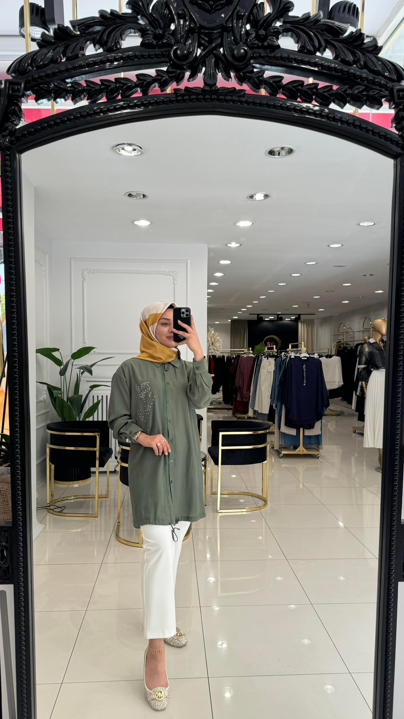 10519 Keten fitilli gömlek tunik-HAKİ