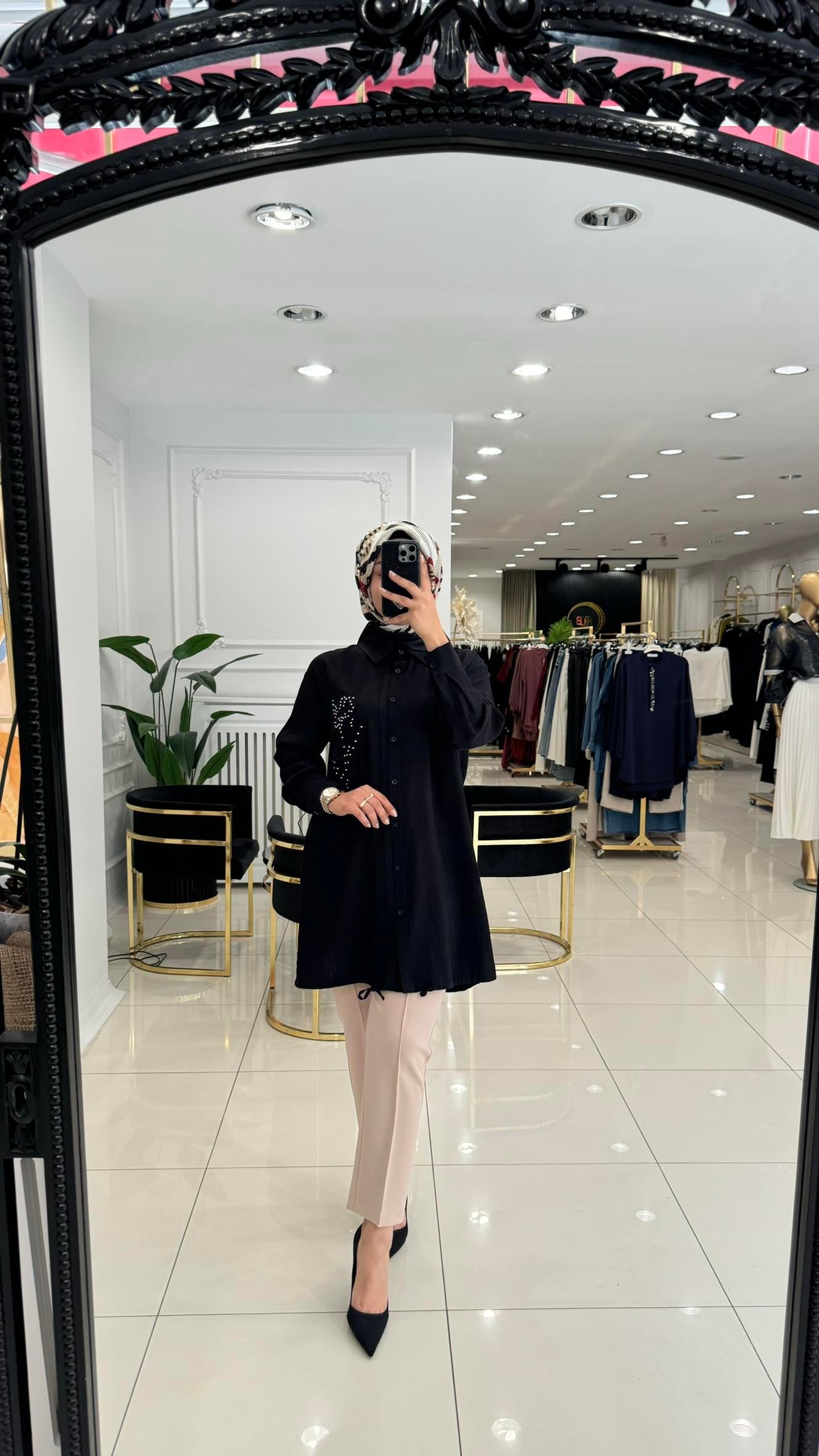 10519 Keten fitilli gömlek tunik-SİYAH