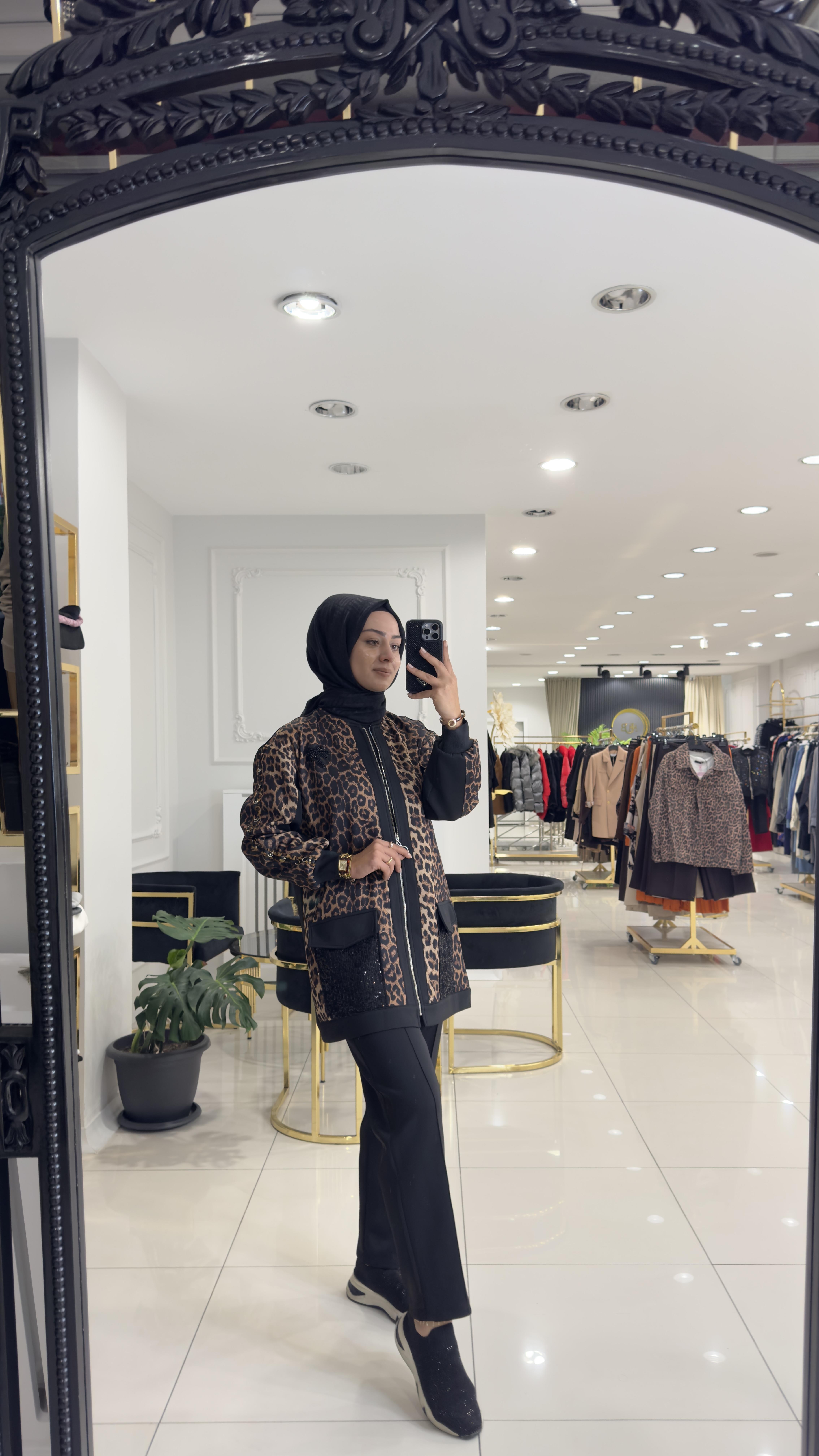 1161 Leopar payet takım-SİYAH