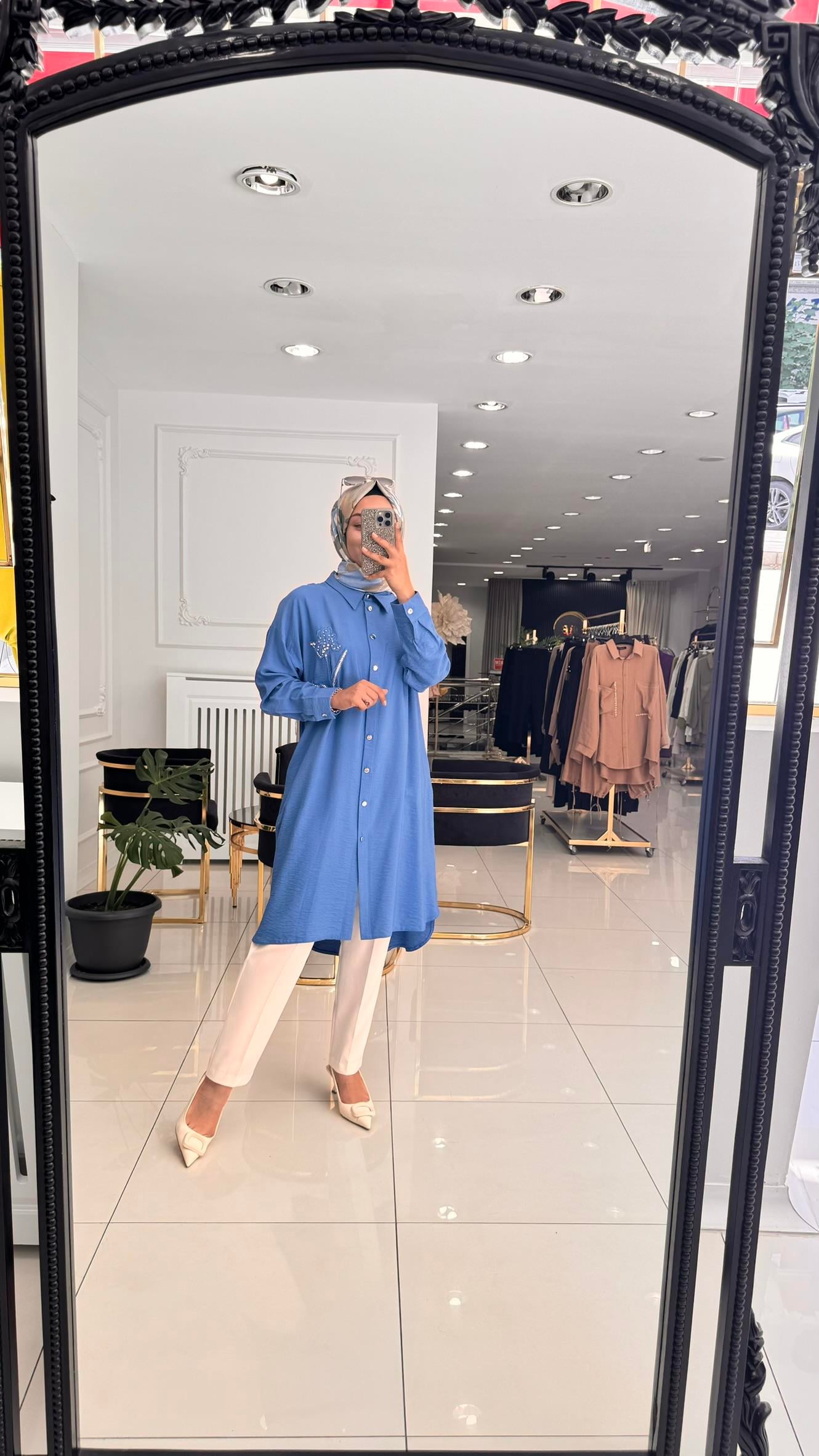 23025 Nakış işlemeli tunik-MAVİ