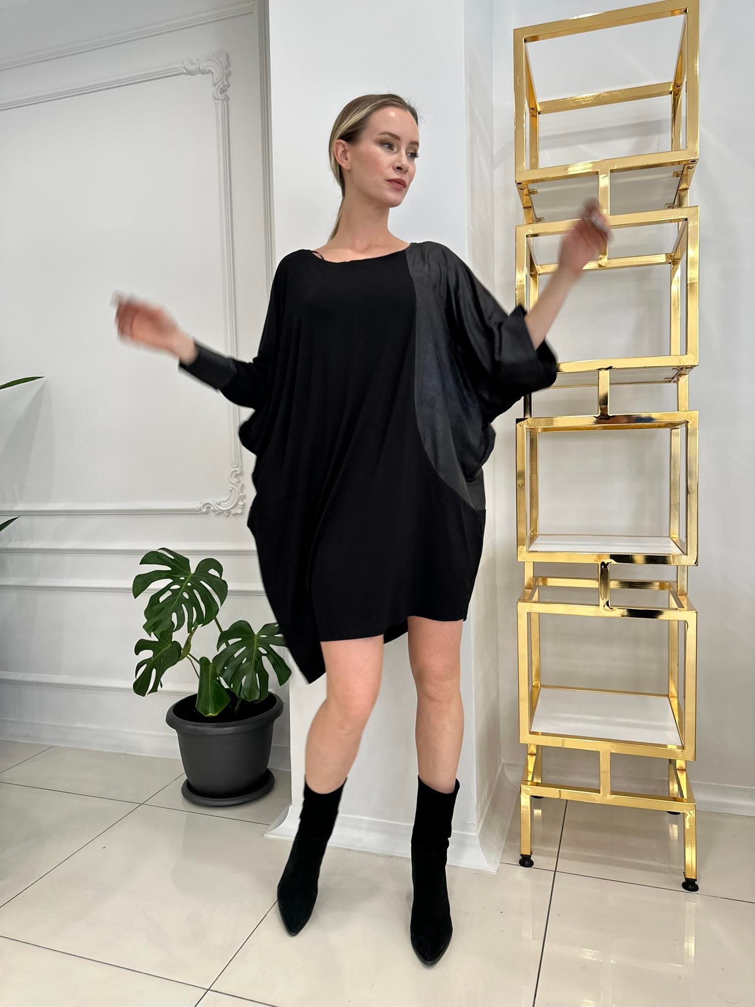 235038 DERİ DETAYLI TUNİK  SİYAH