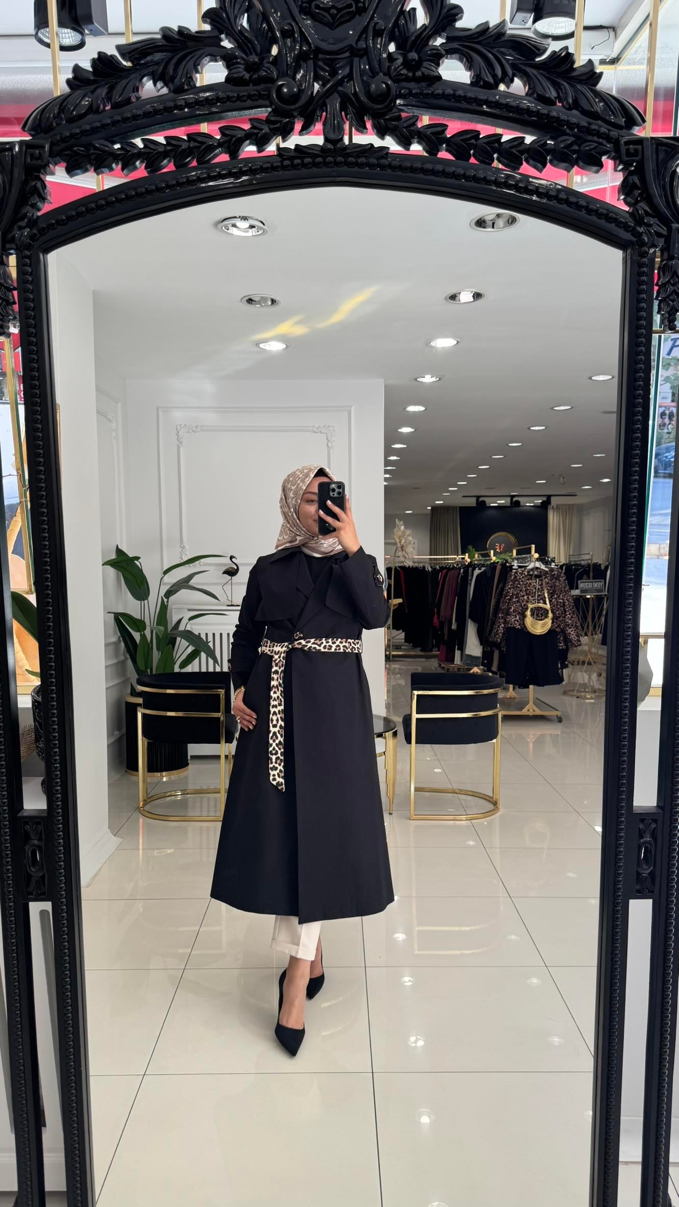 32113 Leopar trençkot-SİYAH