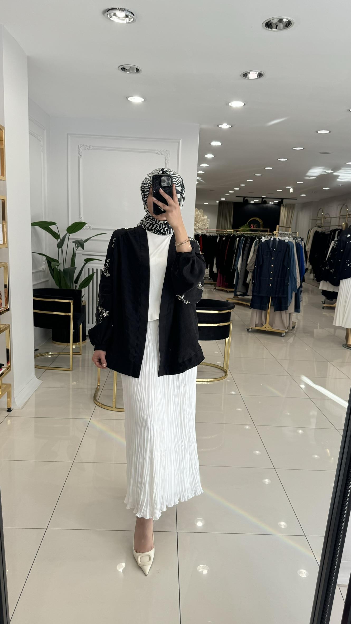 34371 Boncuk işlemeli ithal kimono-SİYAH