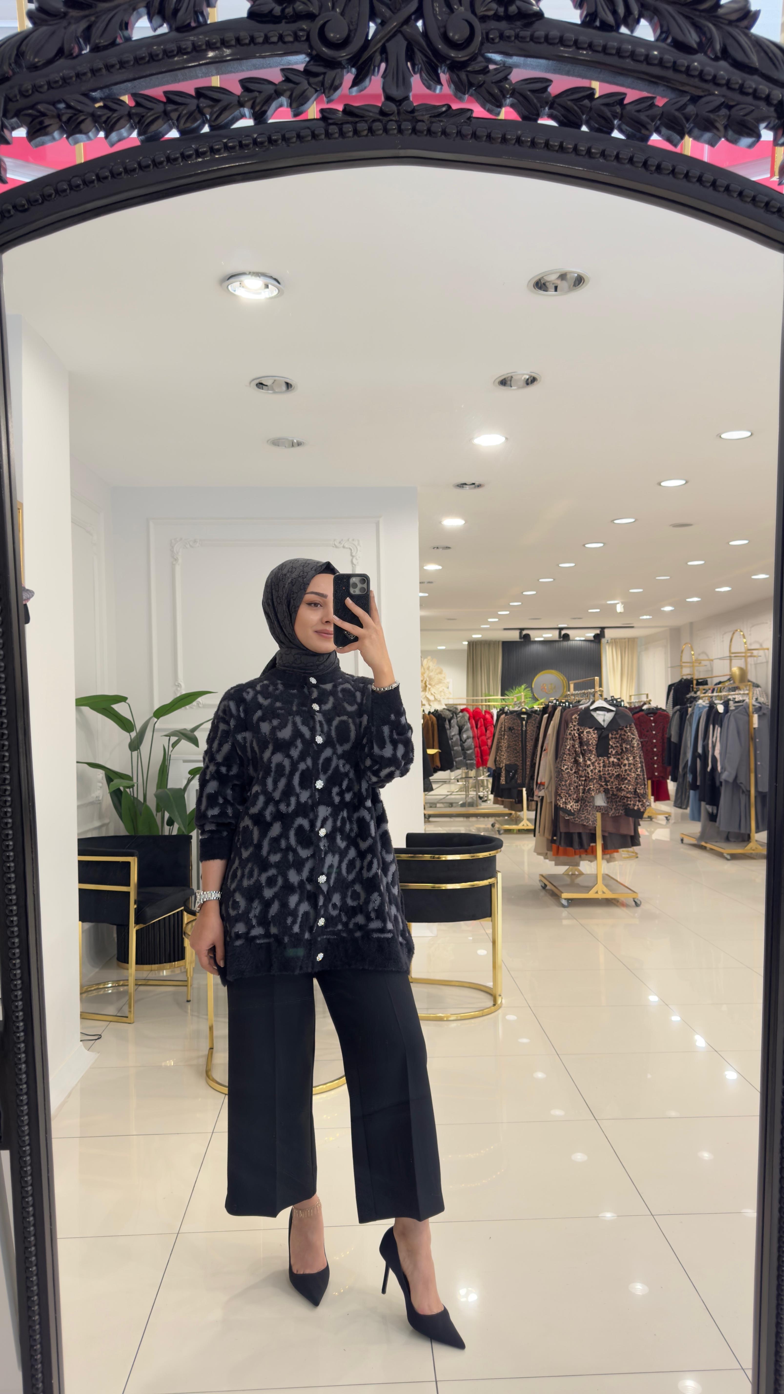 40925 Leopar Angora Hırka-SİYAH