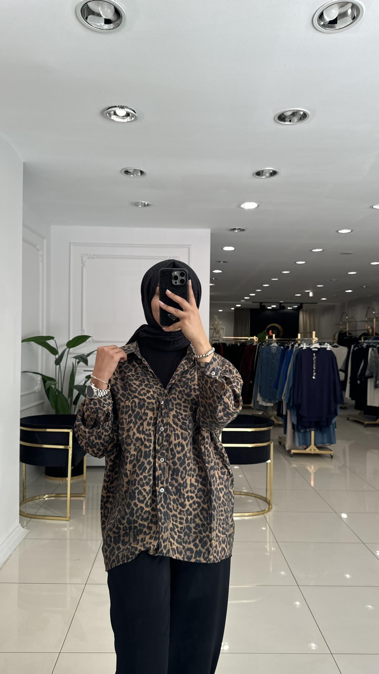 4962 Leopar oversize gömlek-KAHVERENGİ