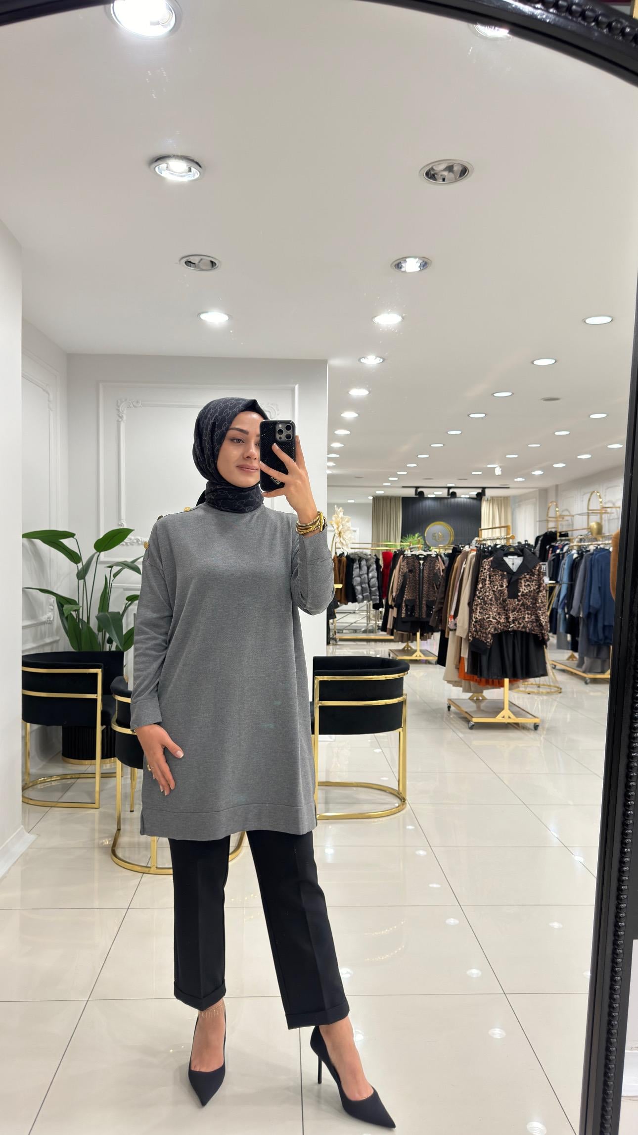 704 Omzu düğmeli triko tunik-ANTRASİT