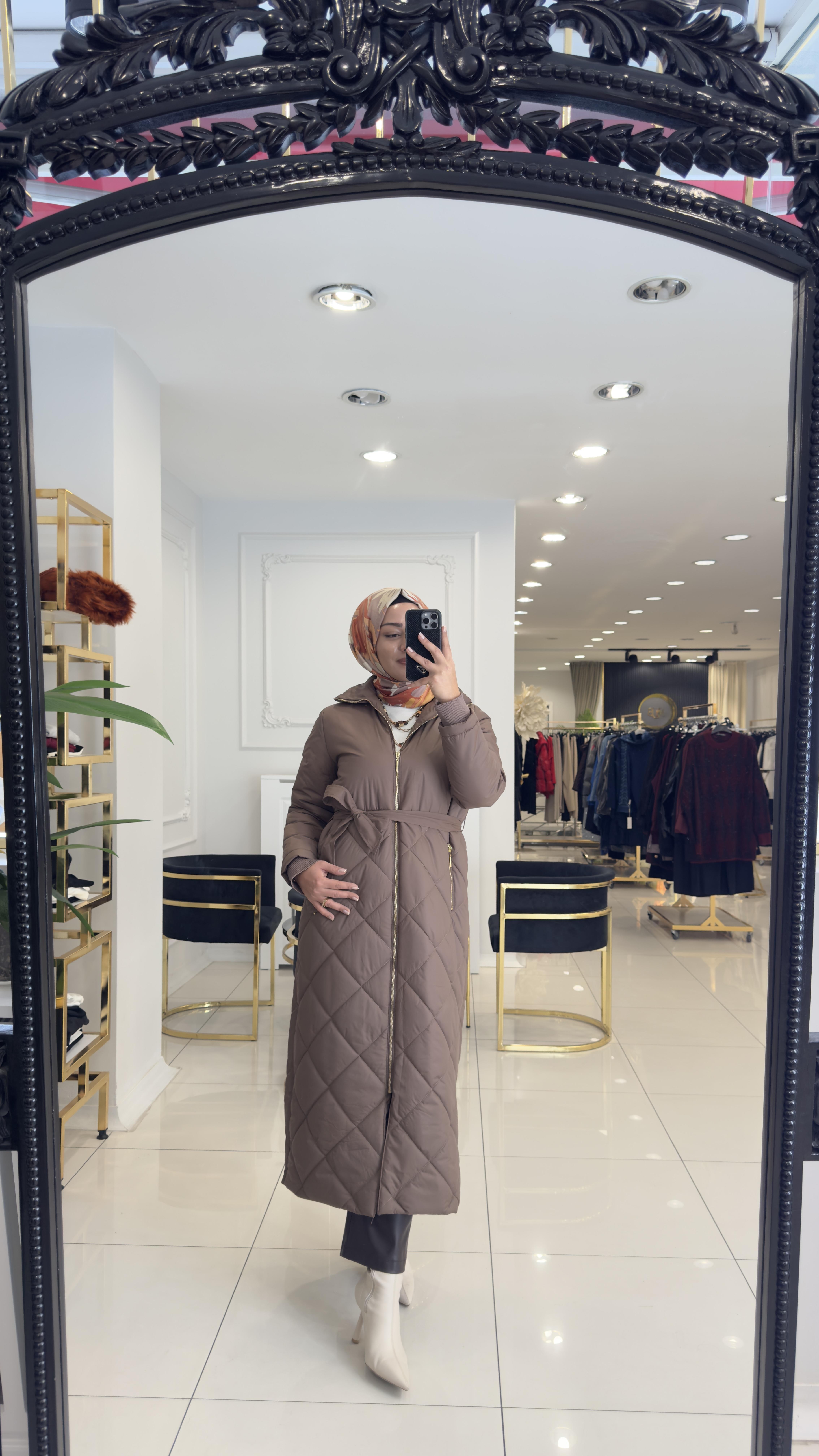 7627 Kuşaklı fermuarlı hüma mont-KAHVERENGİ