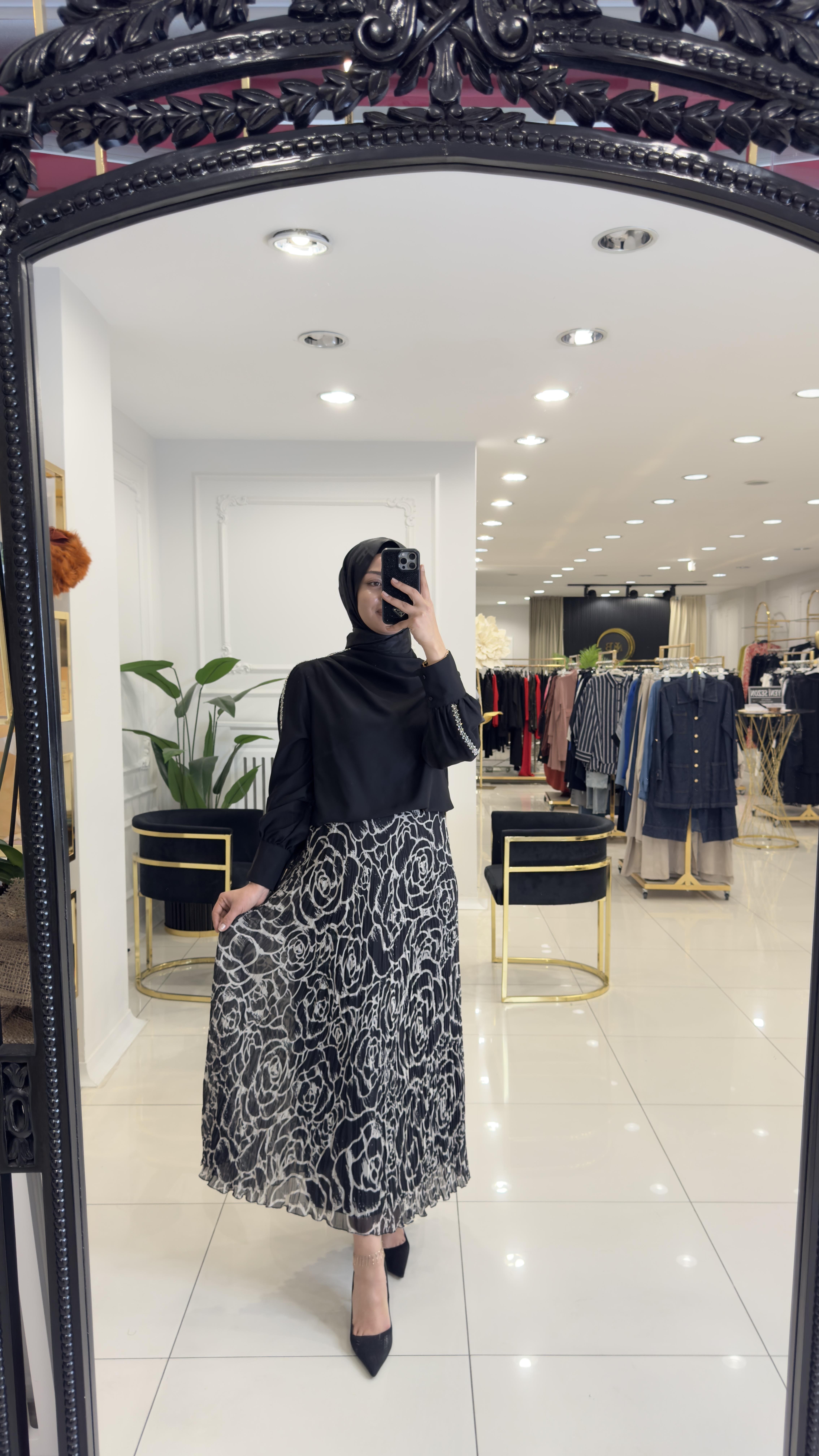 SZ-5433 Gül desen şifon kırıştırma etek-SİYAH