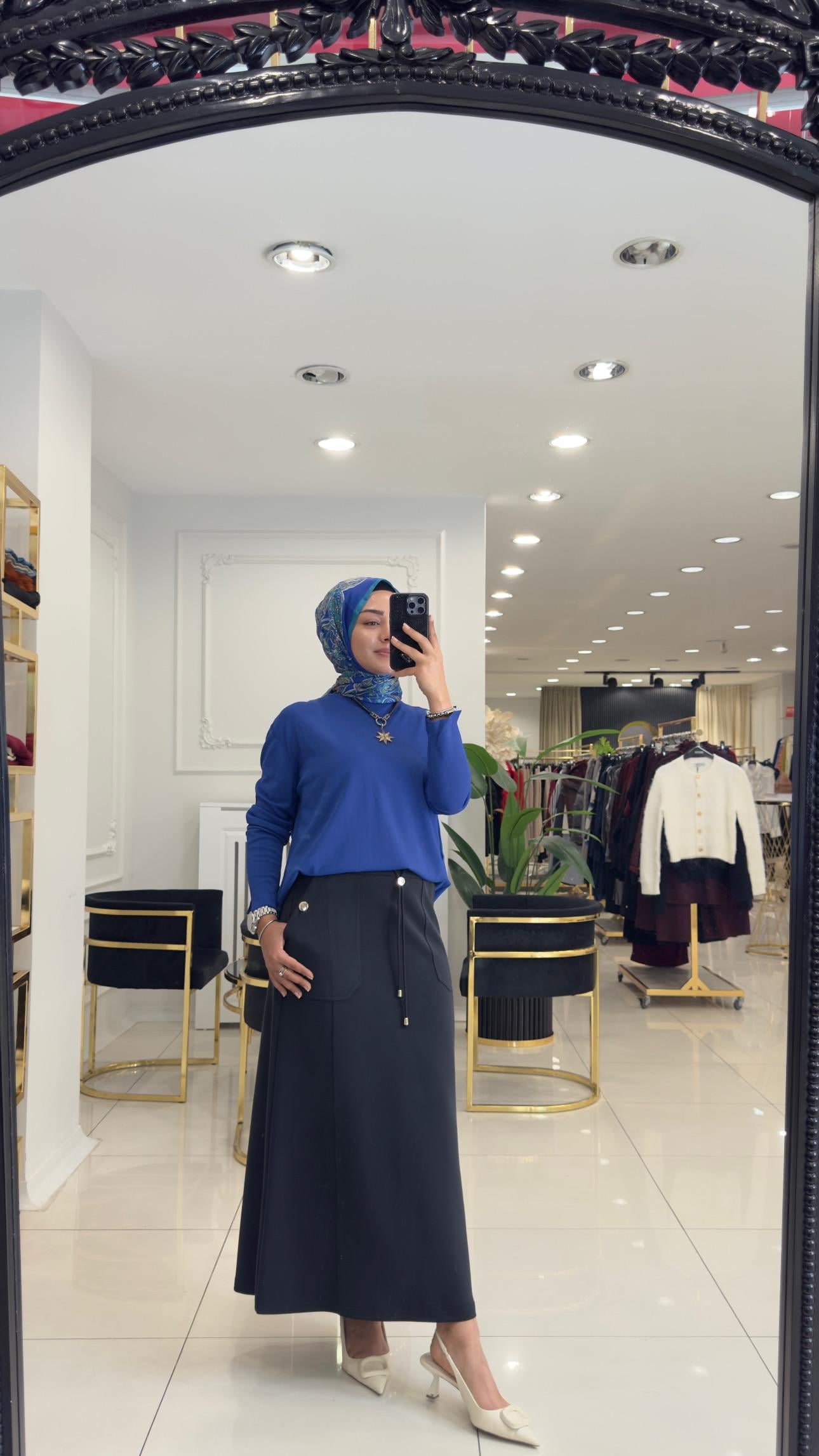 SZ-5472 Elenna cep düğmeli etek-SİYAH