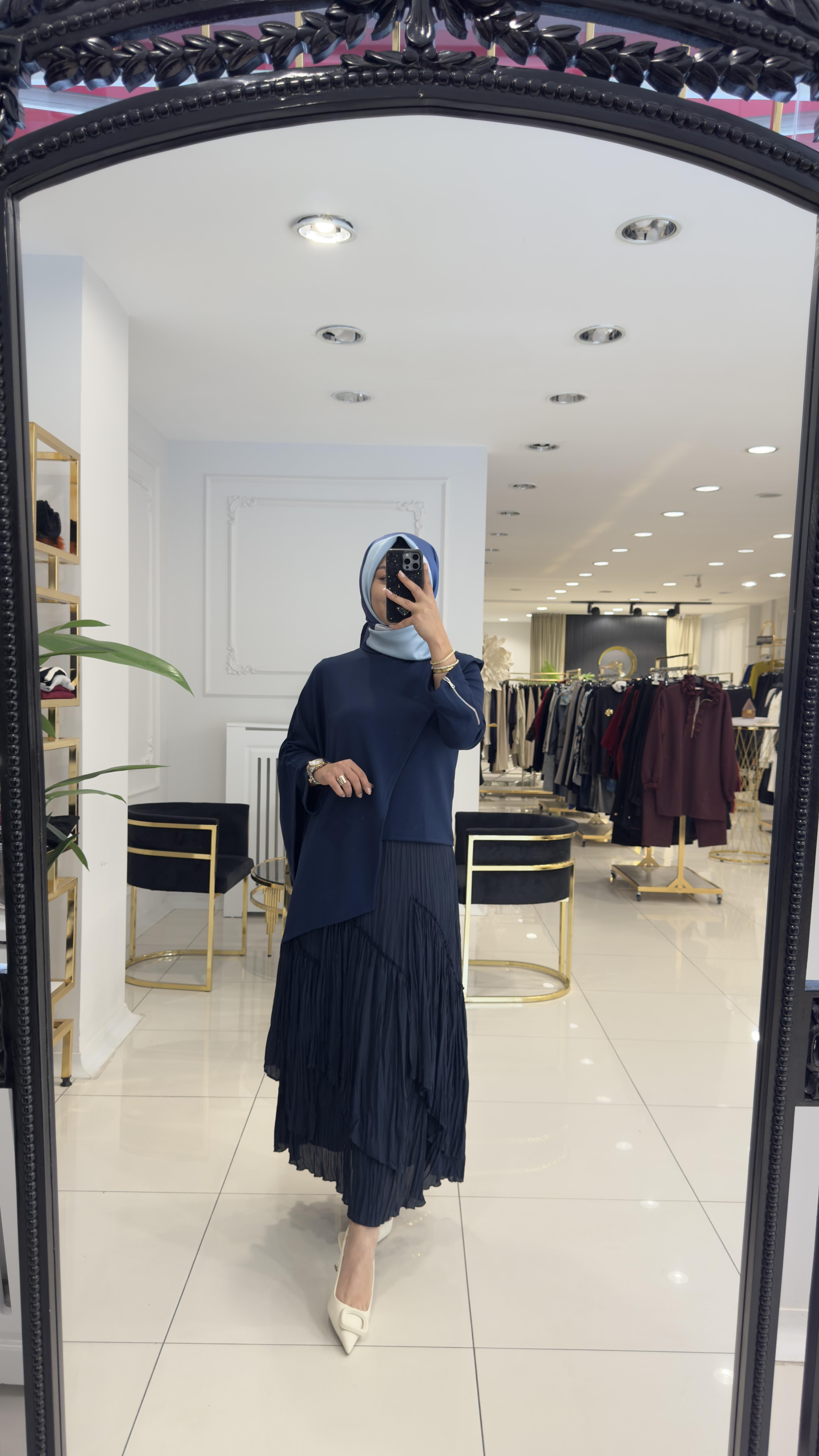 SZ-5475 Viola parçalı kırıştırma etek-LACİVERT