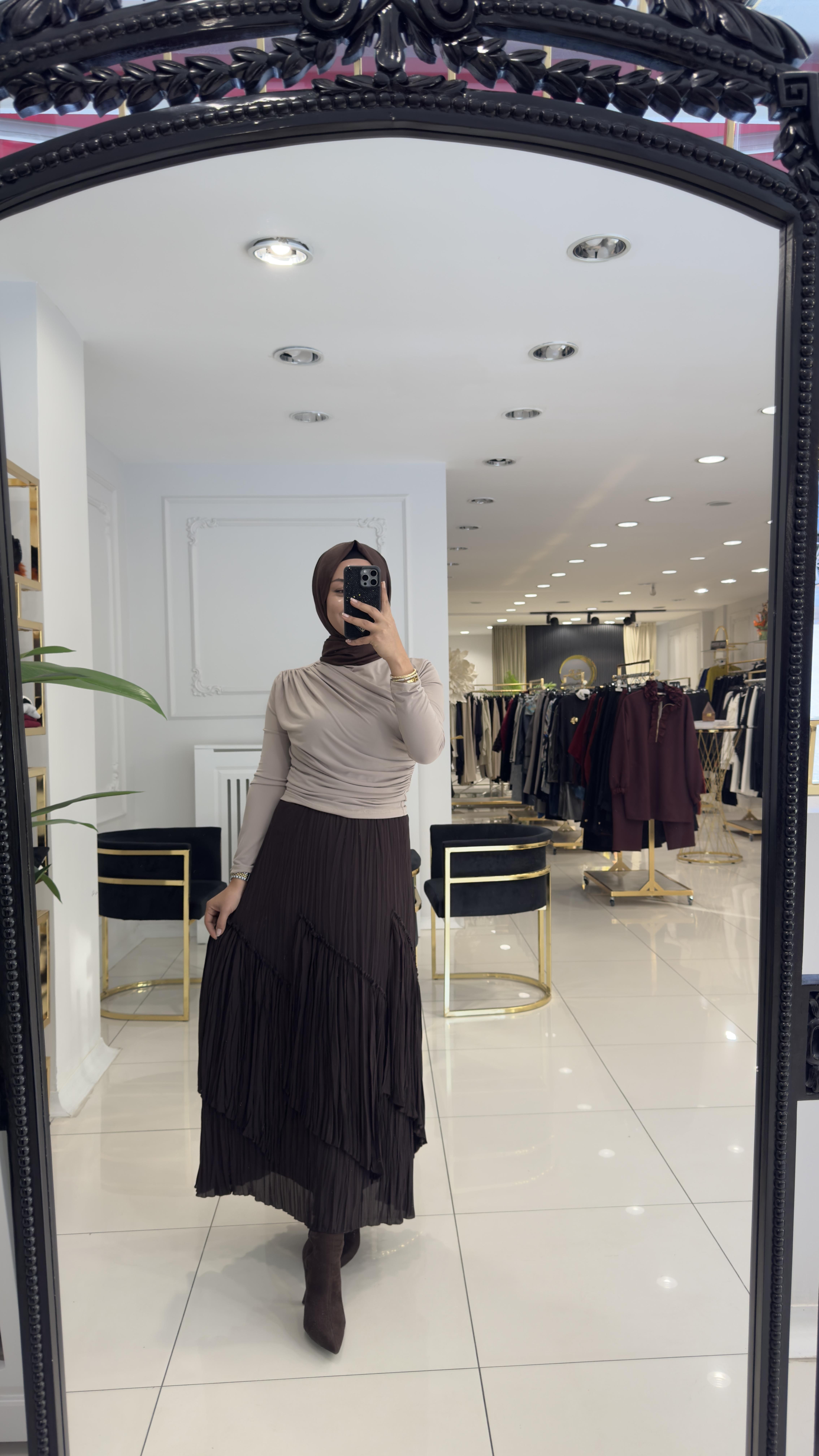 SZ-5475 Viola parçalı kırıştırma etek-KAHVERENGİ