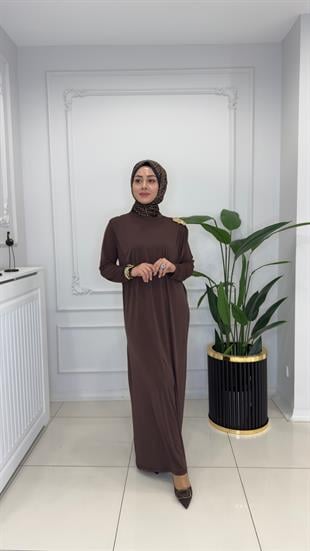 1654 Safir broşlu elbise-KAHVERENGİ