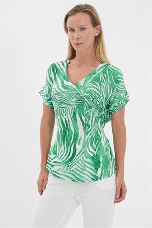 8849 Zebra desen saten bluz-YEŞİL