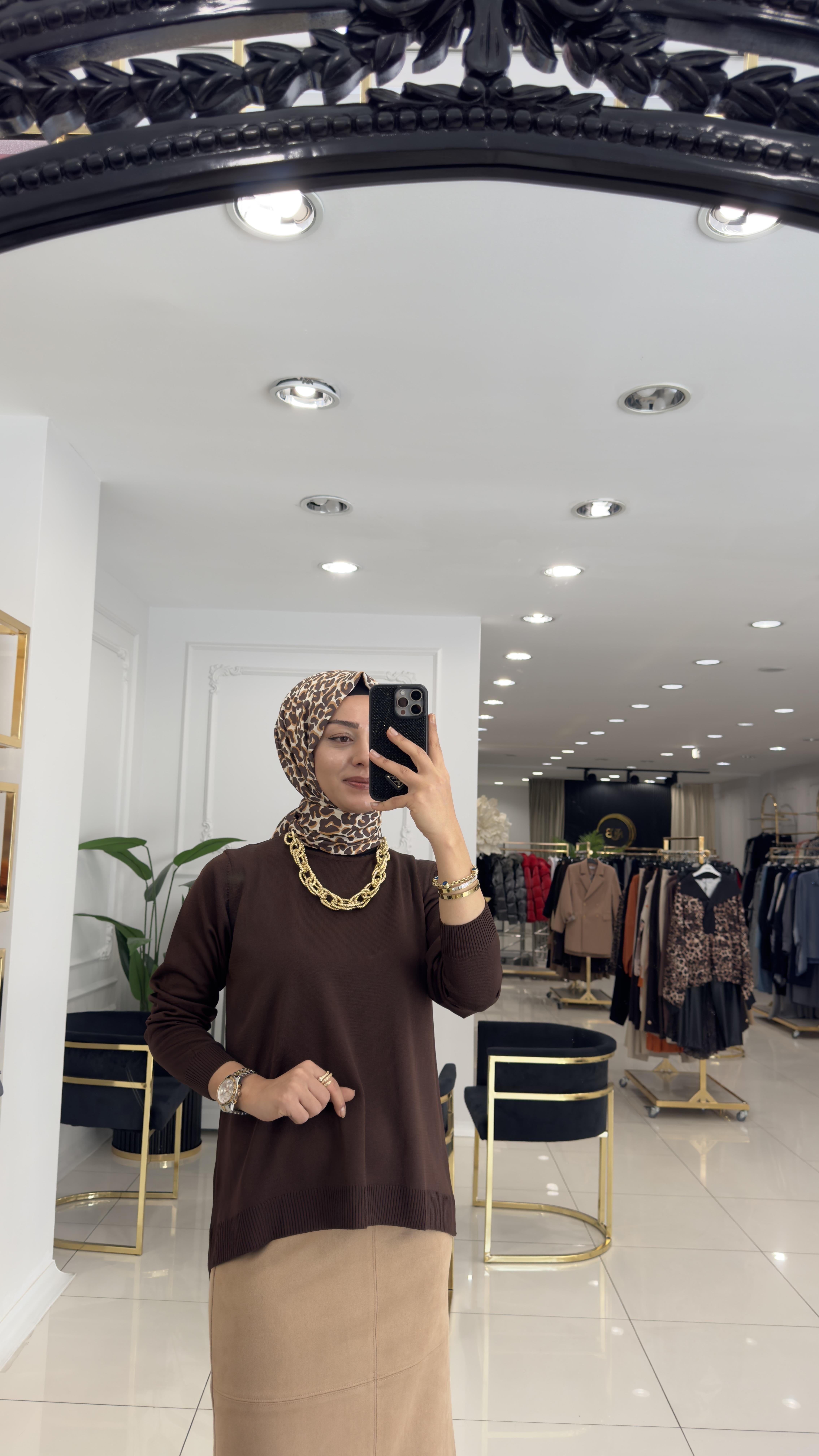 1021 Etek üstü kısa tunik- KAHVERENGİ