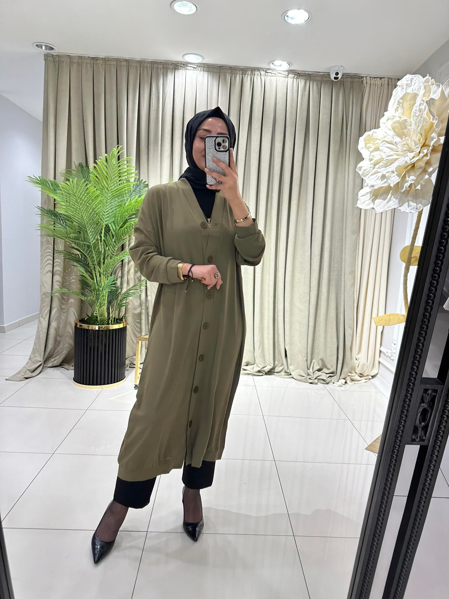 10244 Önden düğmeli v yaka kap  HAKİ