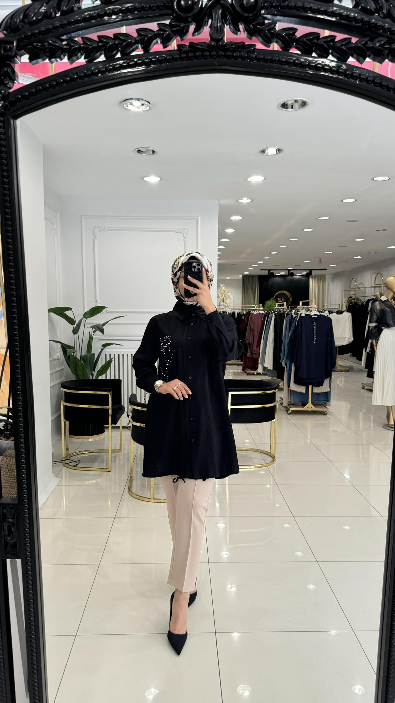 10519 Keten fitilli gömlek tunik-SİYAH