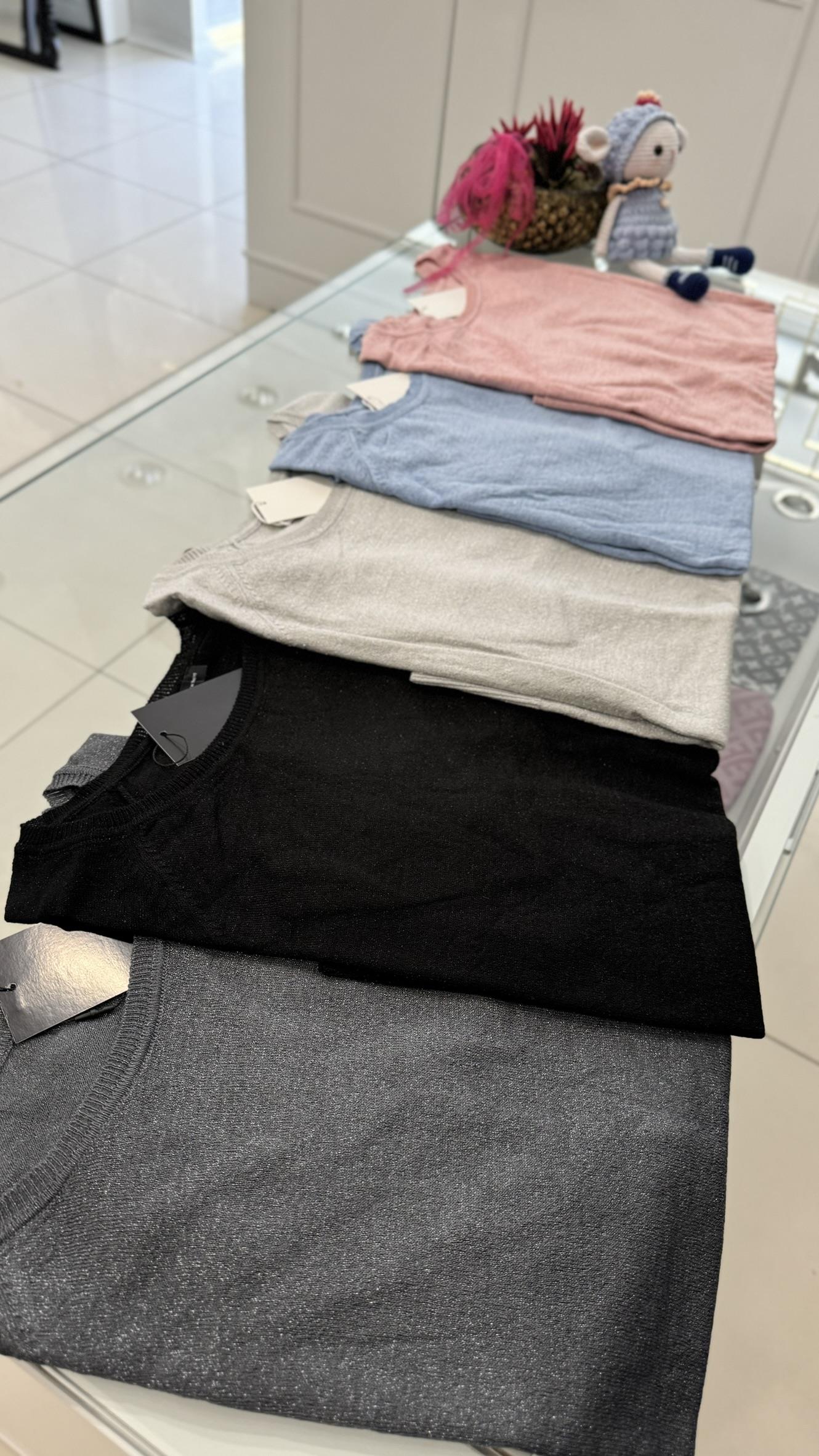 10557 Bisiklet yaka simli triko bluz-PEMBE