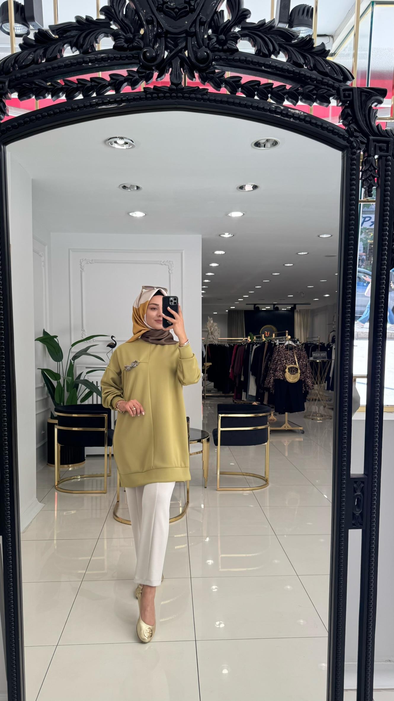 10717 Zincir taşlı tunik-OLİVE