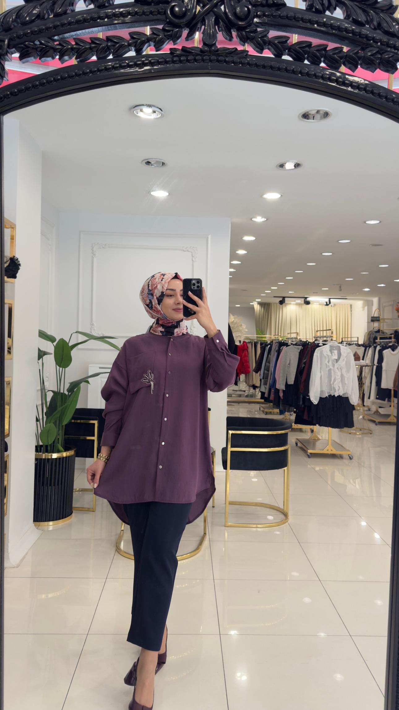 10763 Lady taşlı gömlek-BORDO