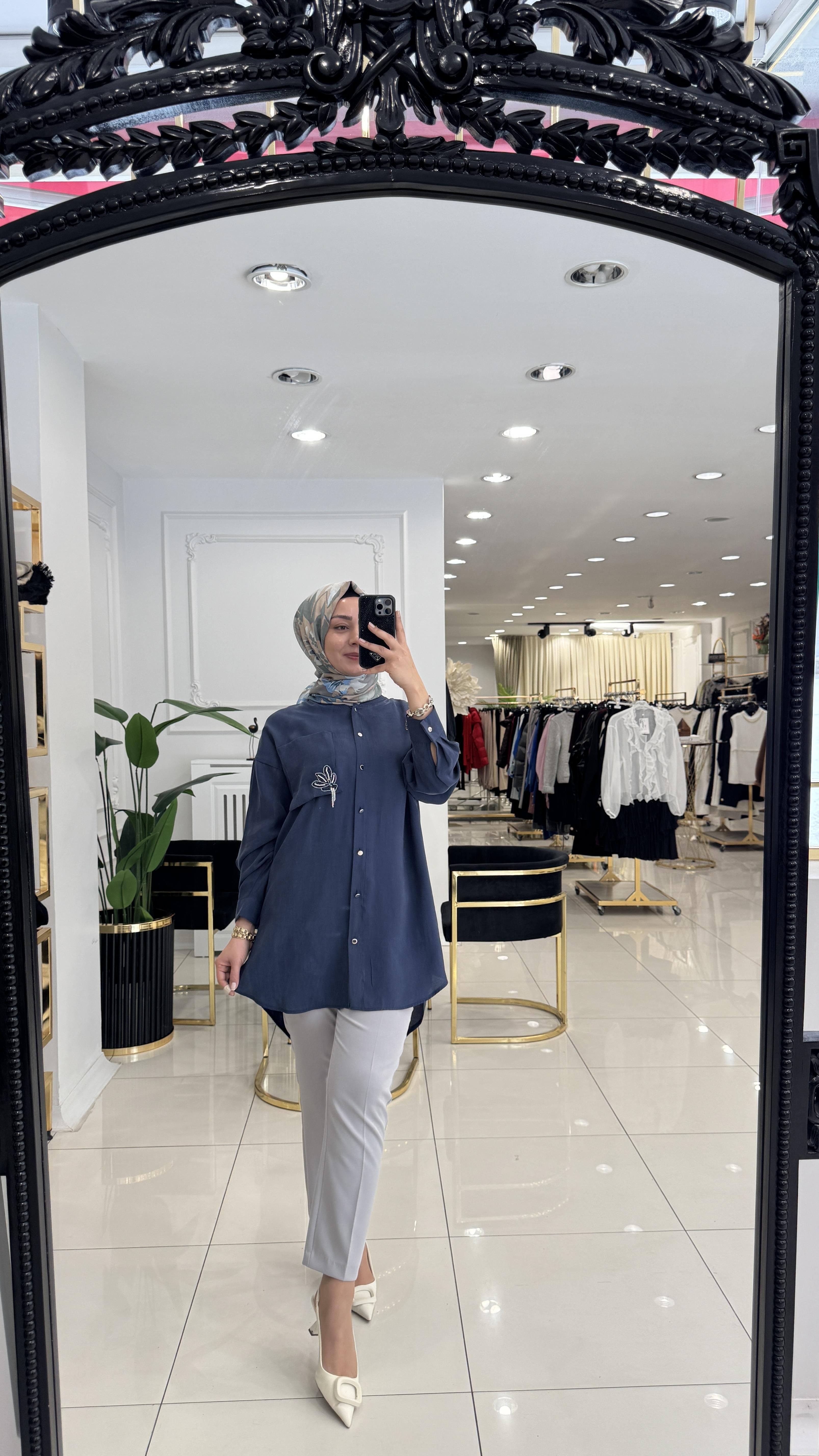 10763 Lady taşlı gömlek-LACİVERT