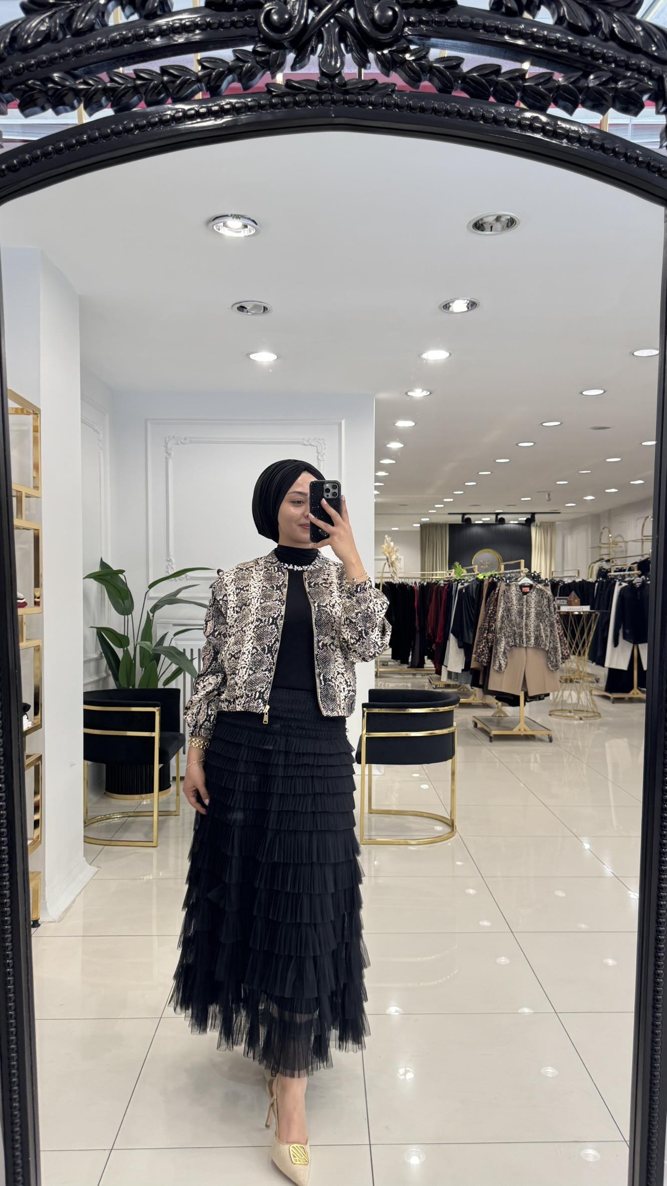 1108 Saten desenli bomber ceket-KAHVE