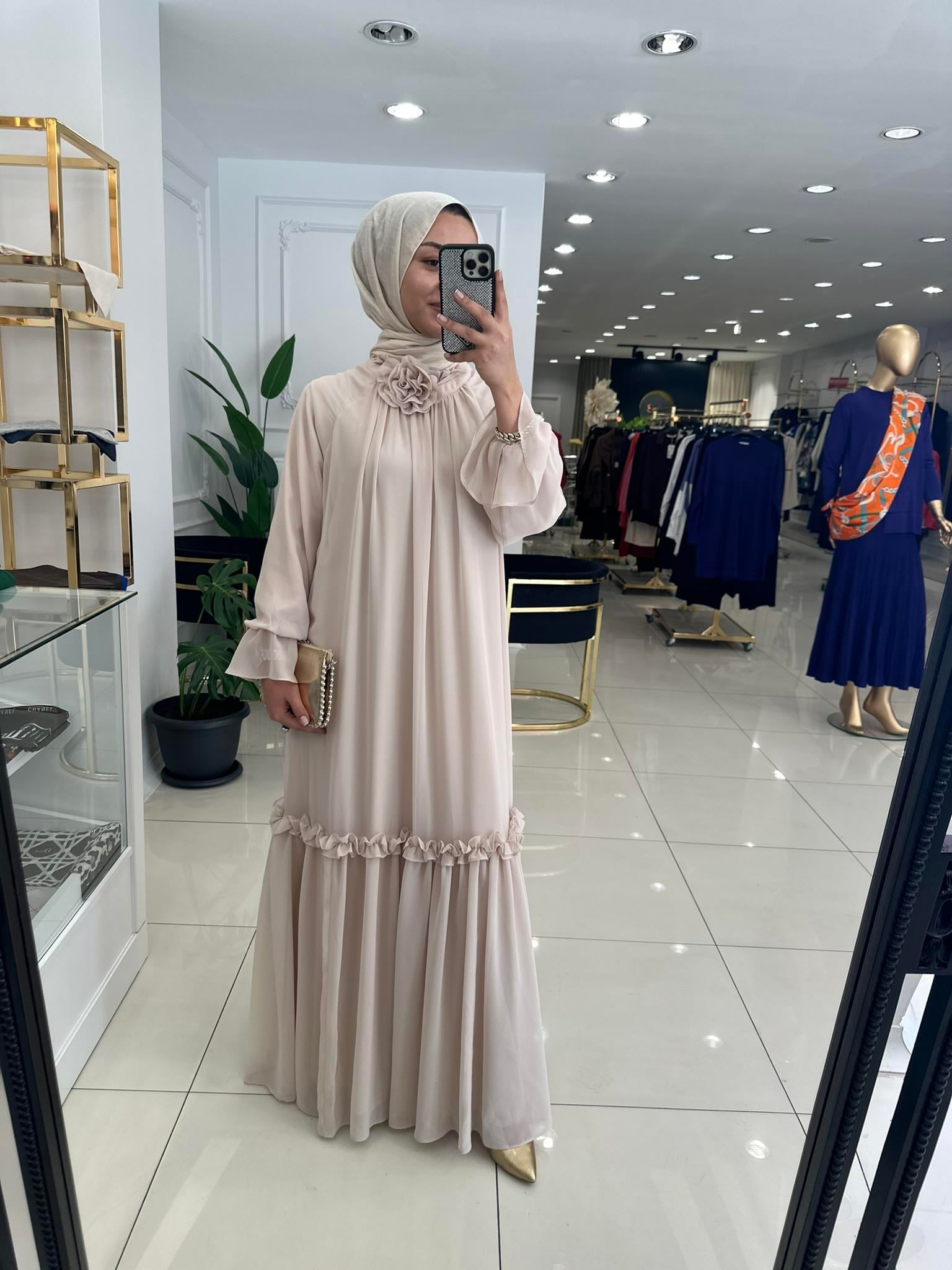 12521 Çiçek detaylı şifon elbise   BEJ