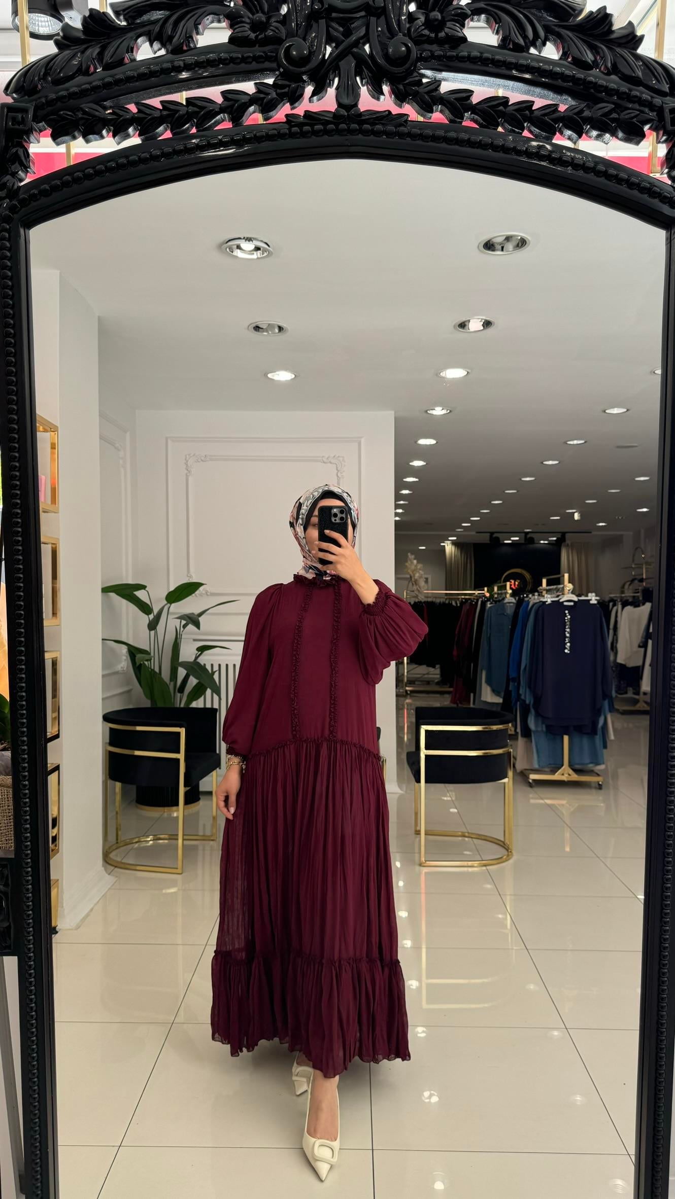 12617 Şifon manolya elbise-BORDO