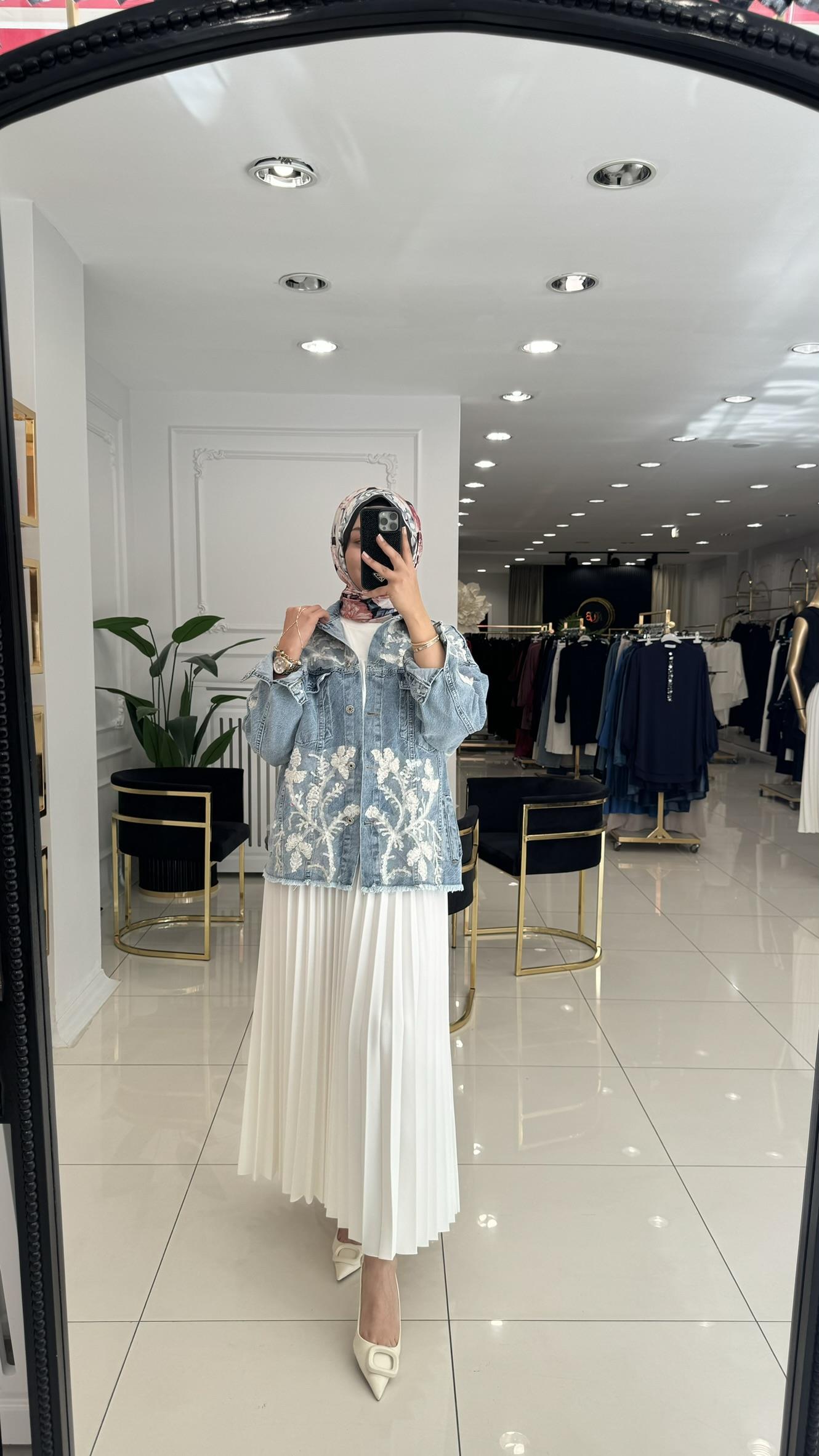 129 Güpürlü denim ceket-MAVİ