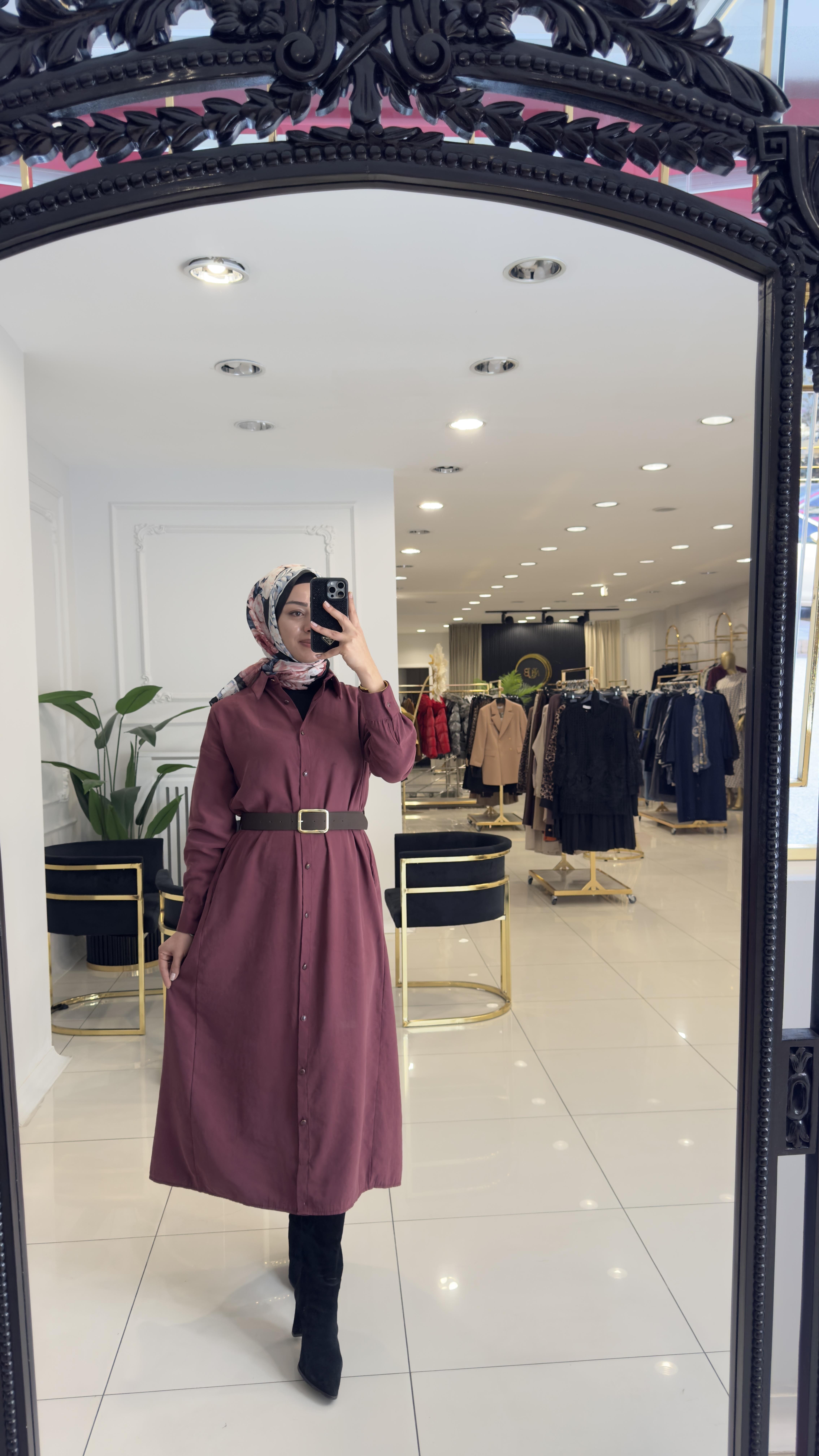 1420 Lara kemerli elbise-BORDO