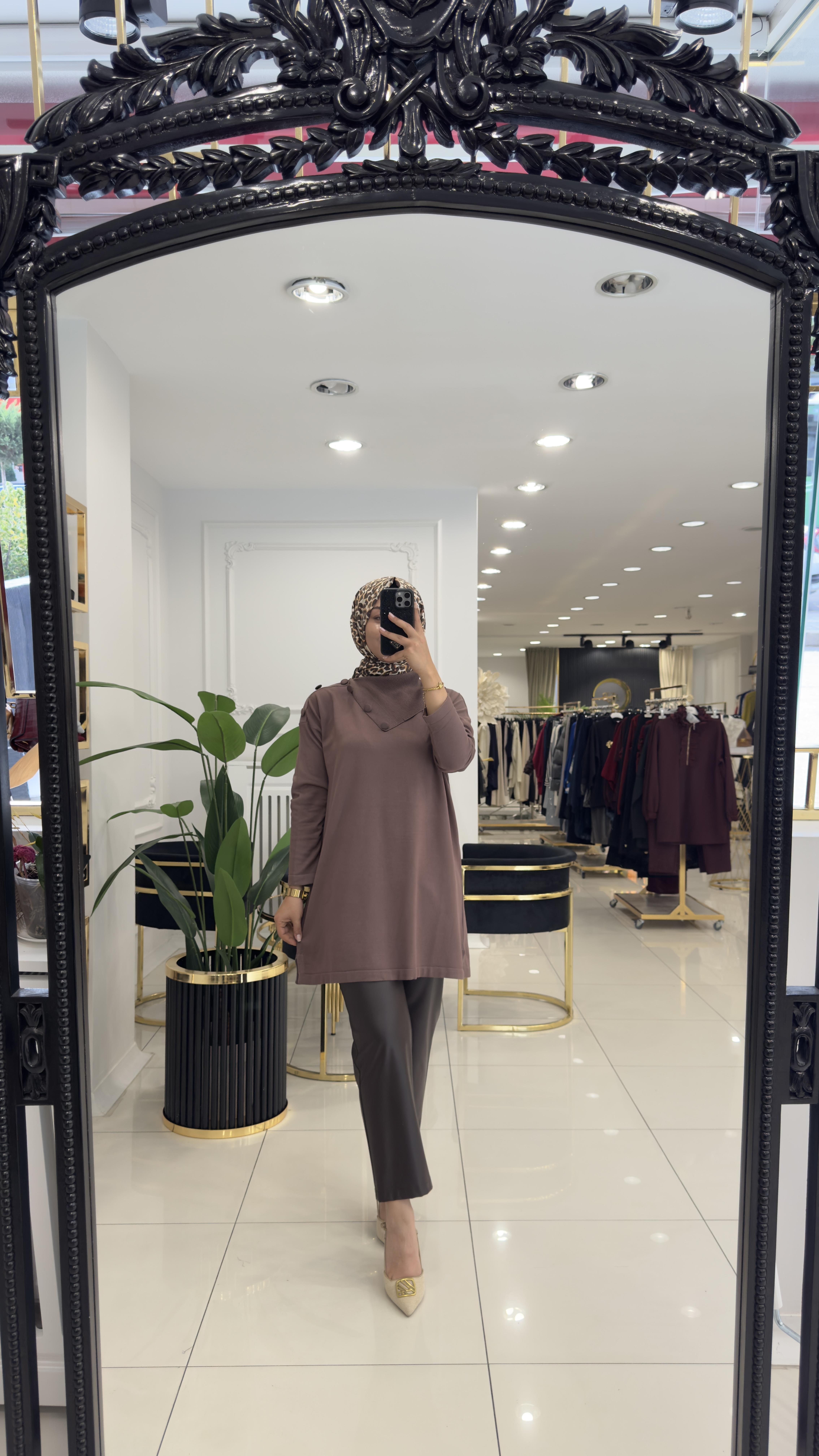 1558 Verev yaka  triko tunik-KAHVERENGİ
