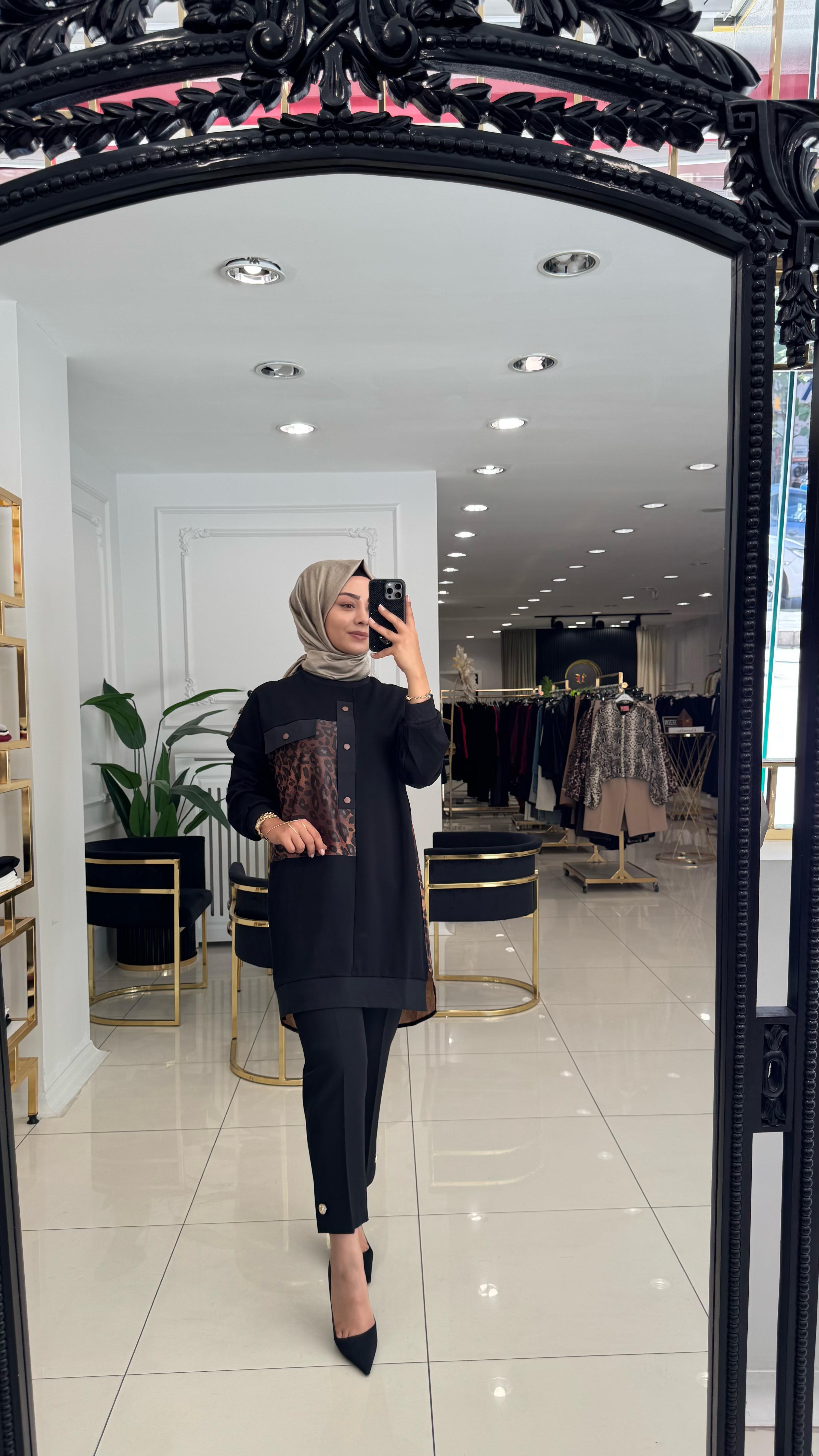 1609 Leopar kombinli tunik-SİYAH