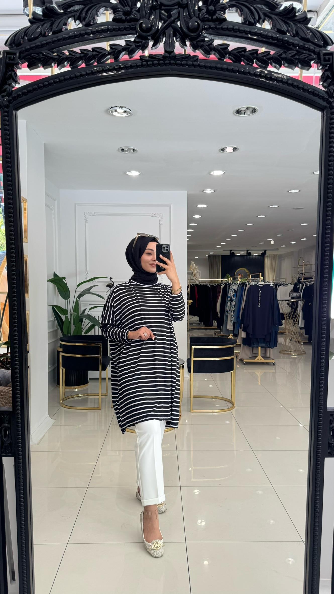 1735 Çizgili giy-çık tunik-SİYAH