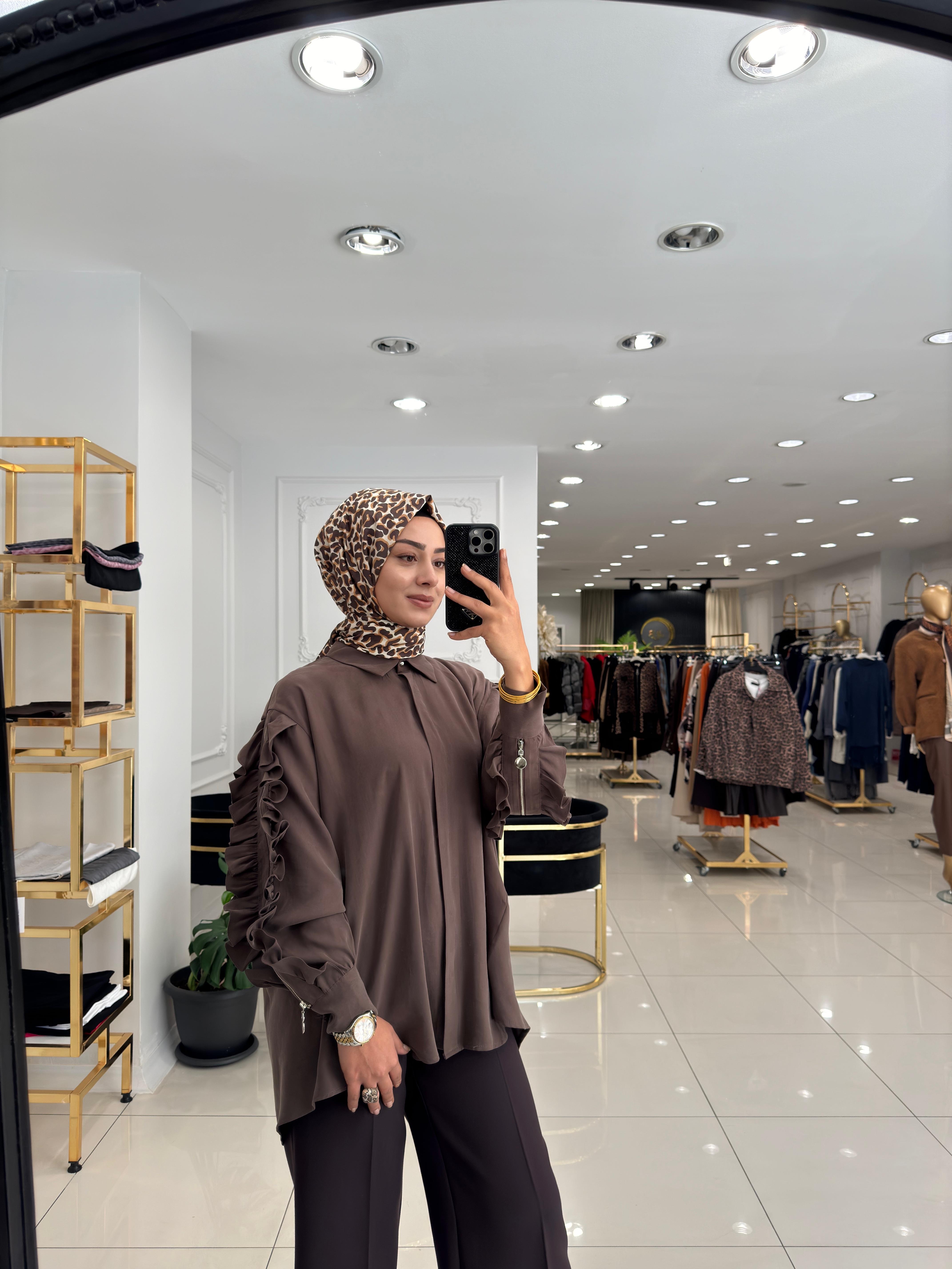 21663 Fırfır fermuarlı qupra tunik-kahverengi