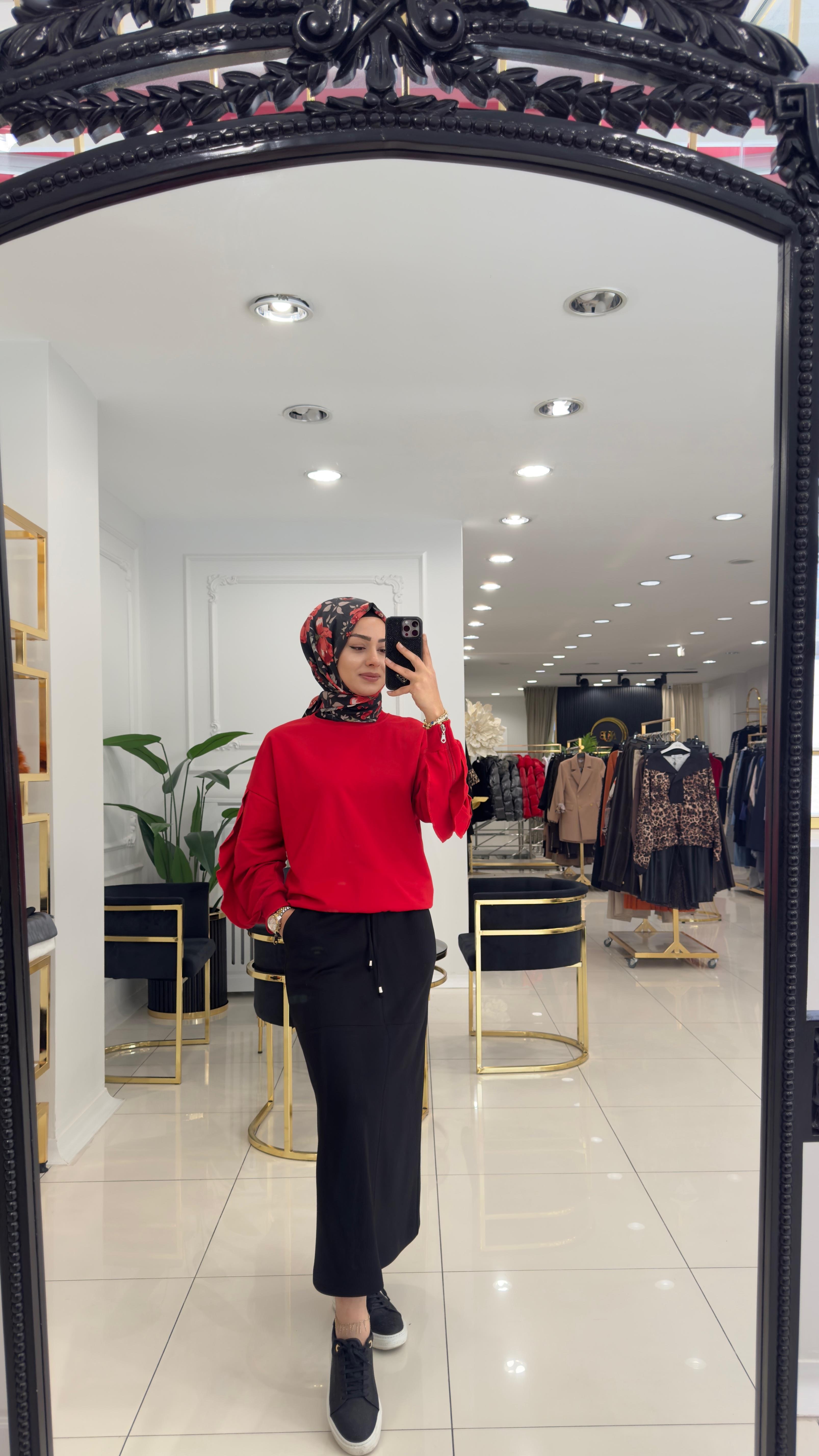 2220 Volanlı fermuarlı bluz-KIRMIZI